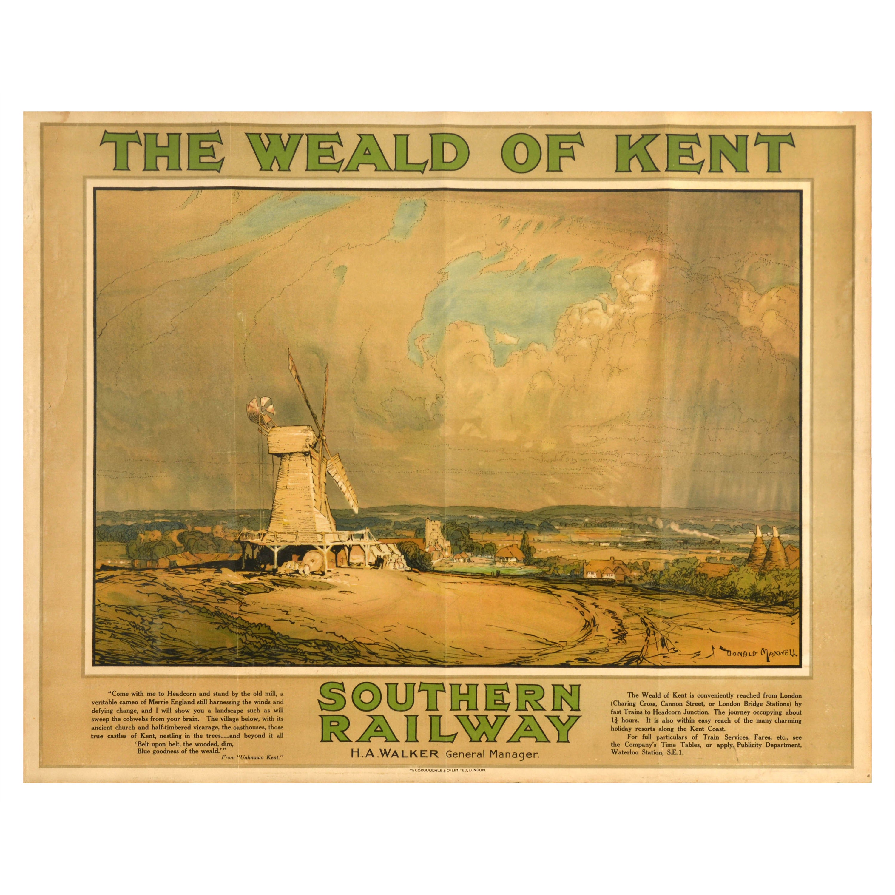 Affiche de voyage originale ancienne Weald Of Kent Southern Railway de Donald Maxwell Art