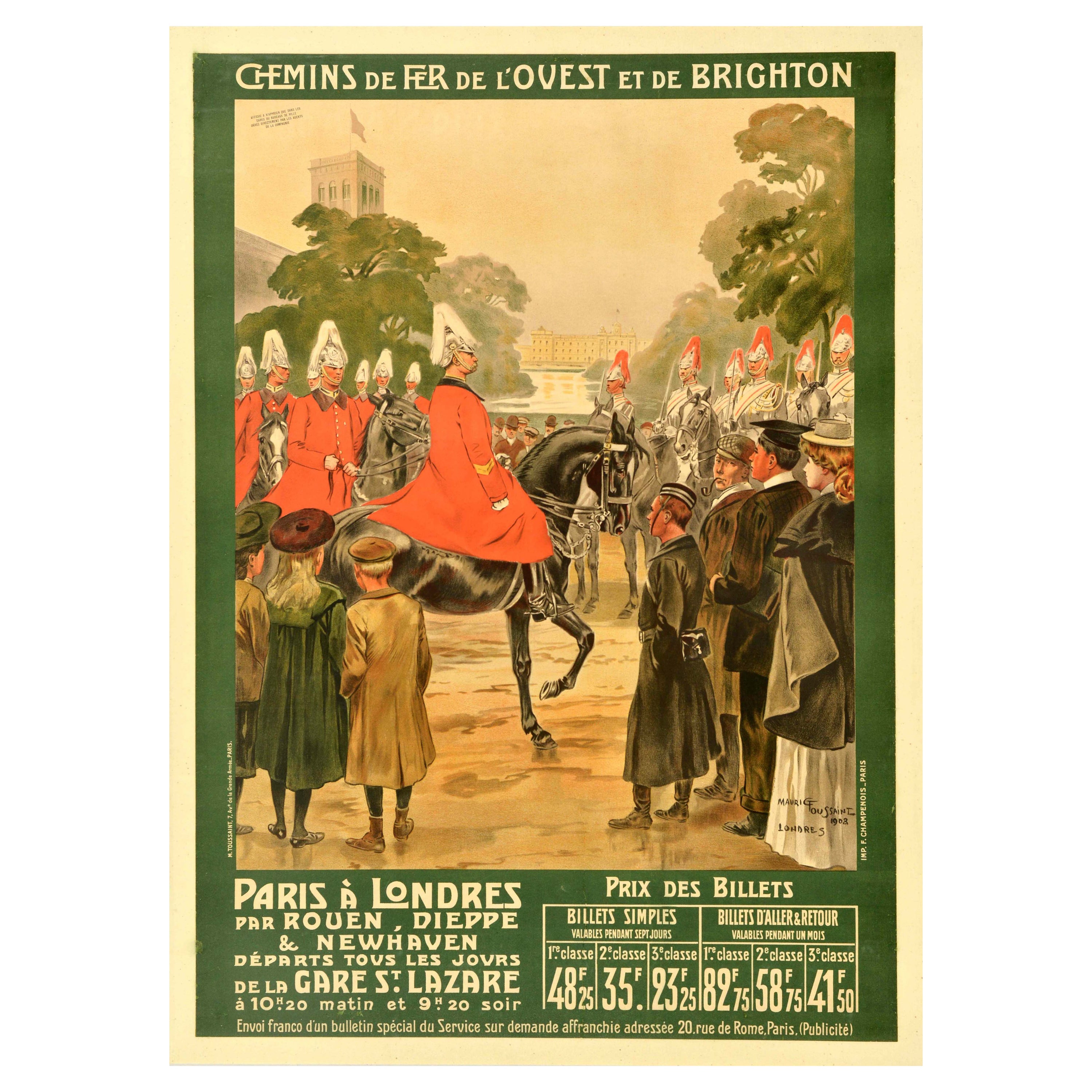 Affiche de voyage d'origine ancienne Western And Brighton Railways, Paris à Londres en vente