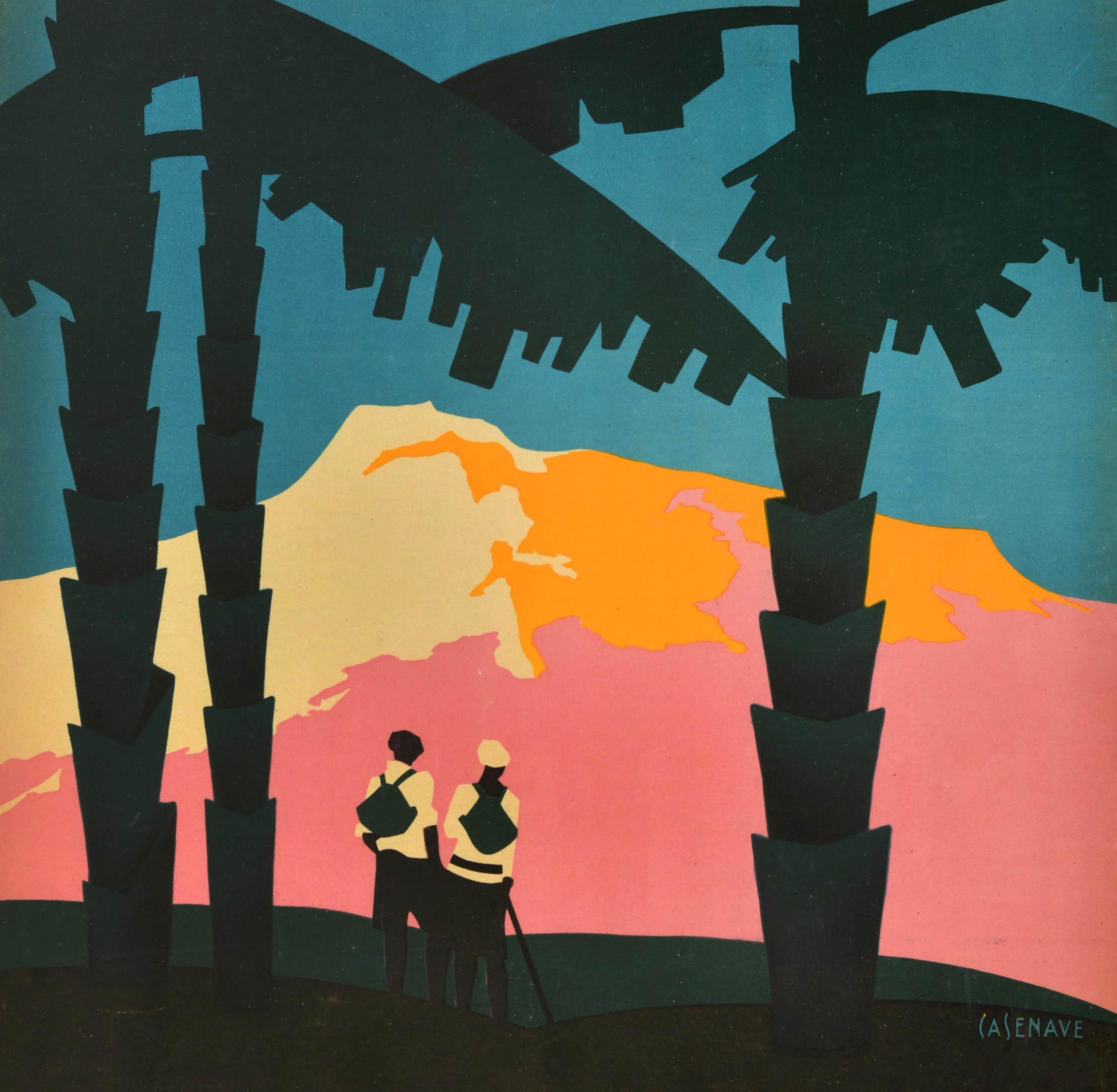 Original antique travel poster - L'hiver en Espagne / Winter in Spain - featuring a stunning Art Deco design depicting two people wearing backpacks, one holding a walking stick, standing on a hill under palm trees and enjoying the scenic view