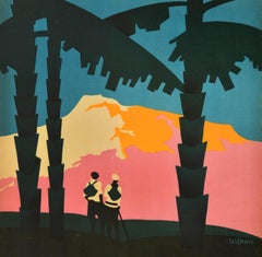 Affiche de voyage originale et ancienne d'hiver en Espagne, Malaga et îles balnéaires, Art déco