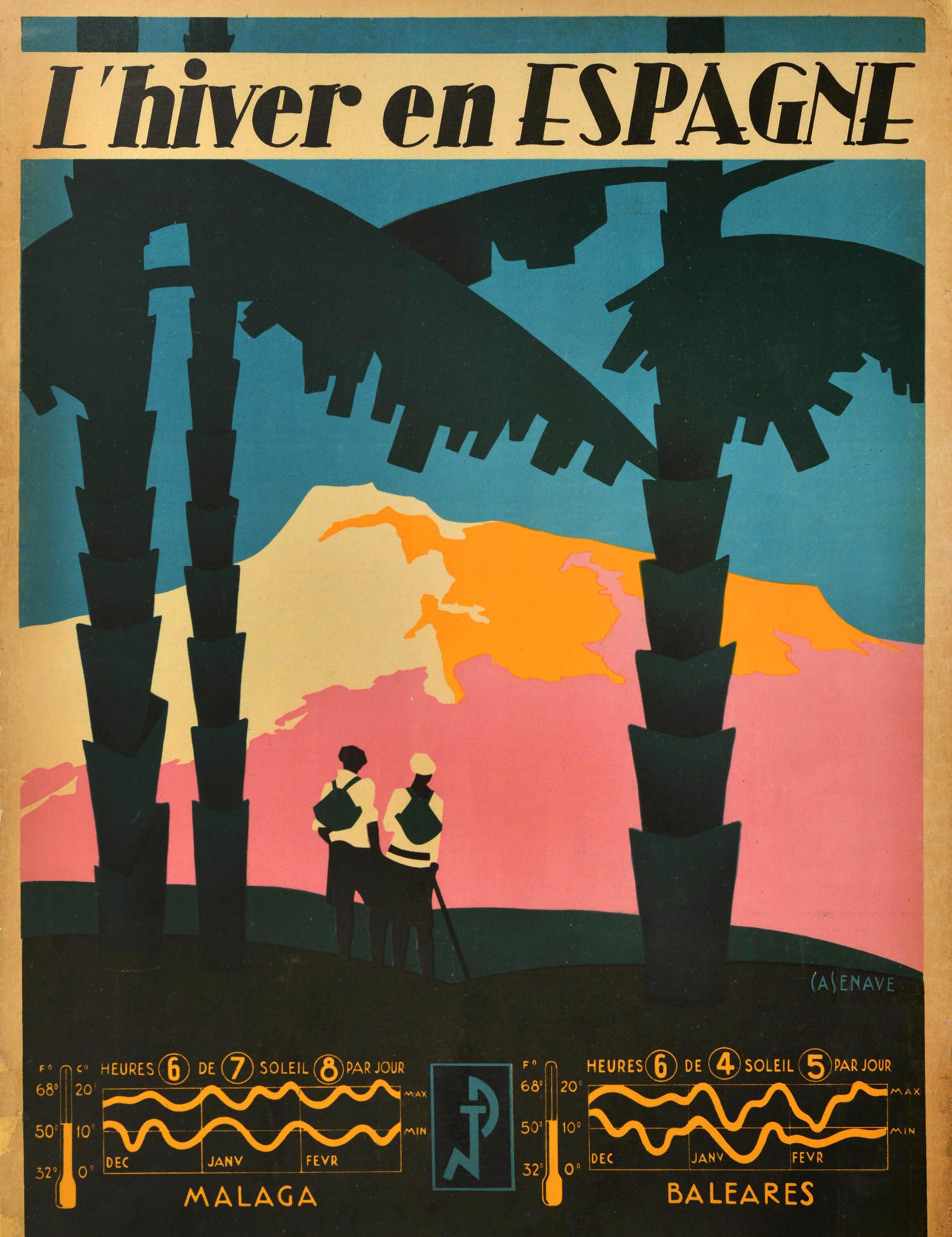 Spanish Original Antique Travel Poster Winter In Spain Malaga Balearic Islands Art Deco For Sale