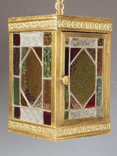 Original Antique Victorian Brass & Stained Glass Hall Lantern