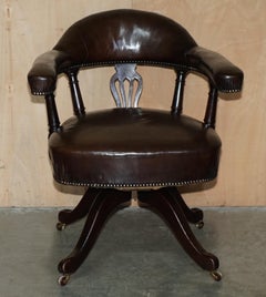 ORIGINAL ANTiQUE VICTORIAN FULLY RESTORED DEEP BROWN LEATHER CAPTAINS CHAIR