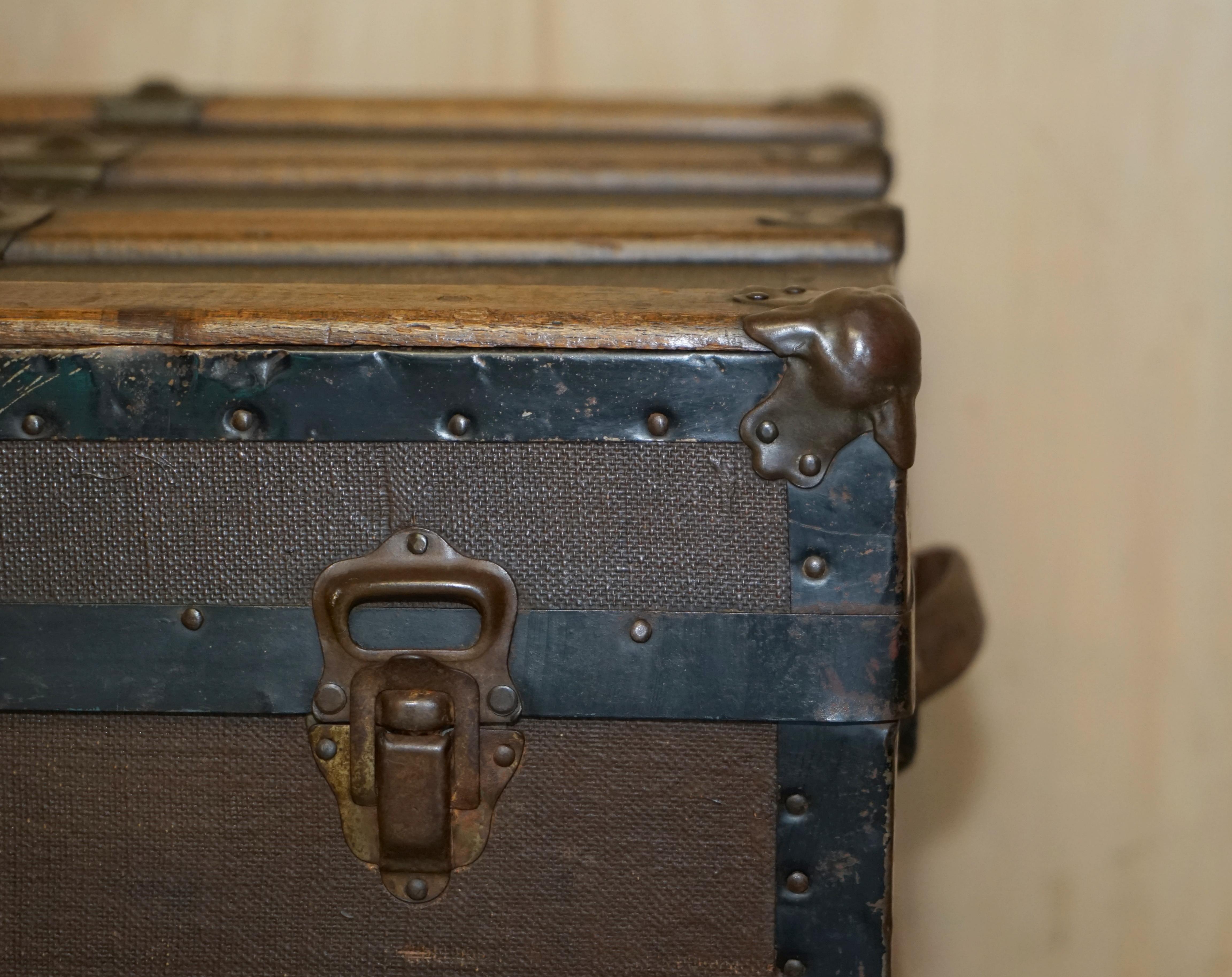Late 19th Century Original Antique Victorian Leather Elm & Canvas Steamer Trunk Chest Coffee Table