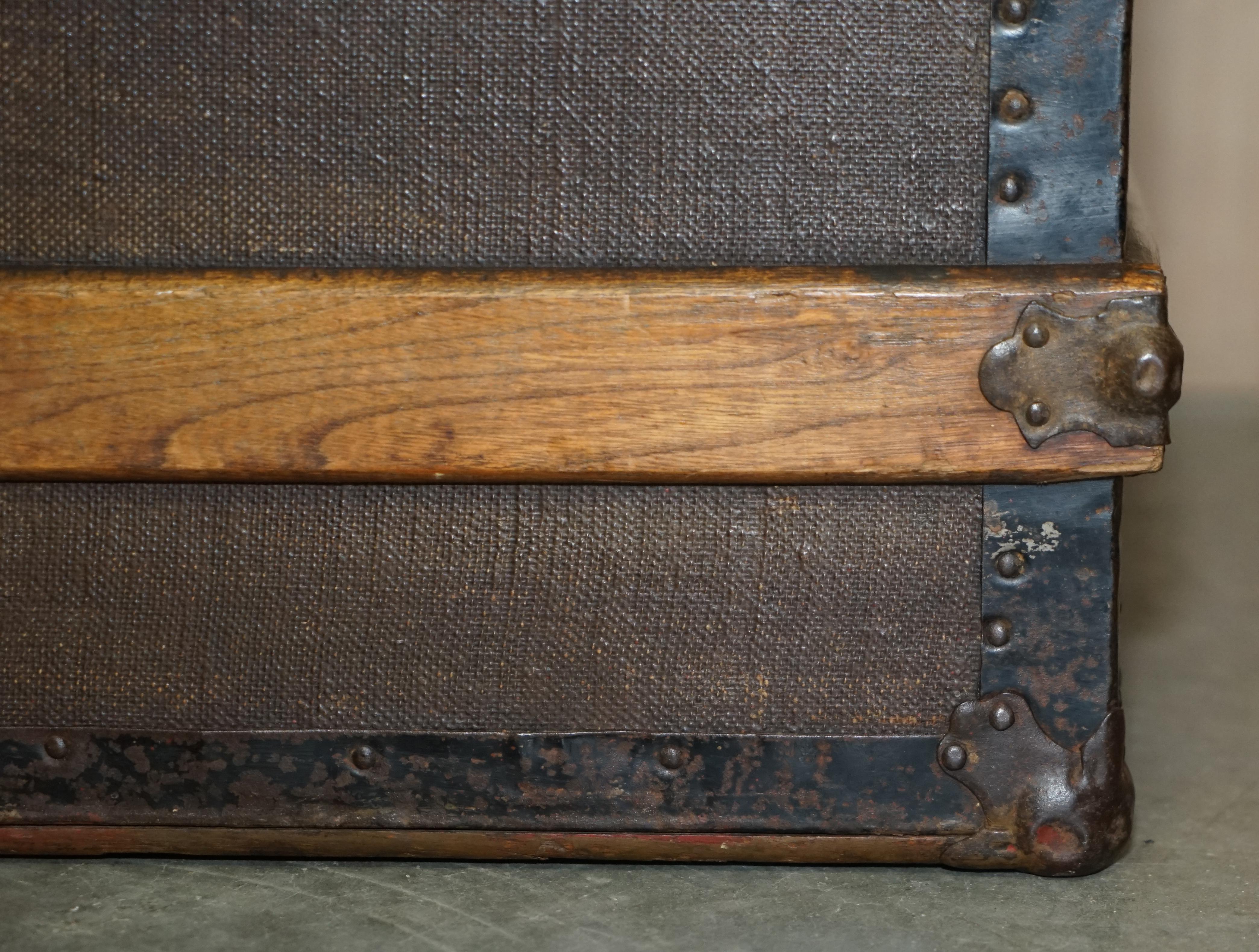 Original Antique Victorian Leather Elm & Canvas Steamer Trunk Chest Coffee Table 3