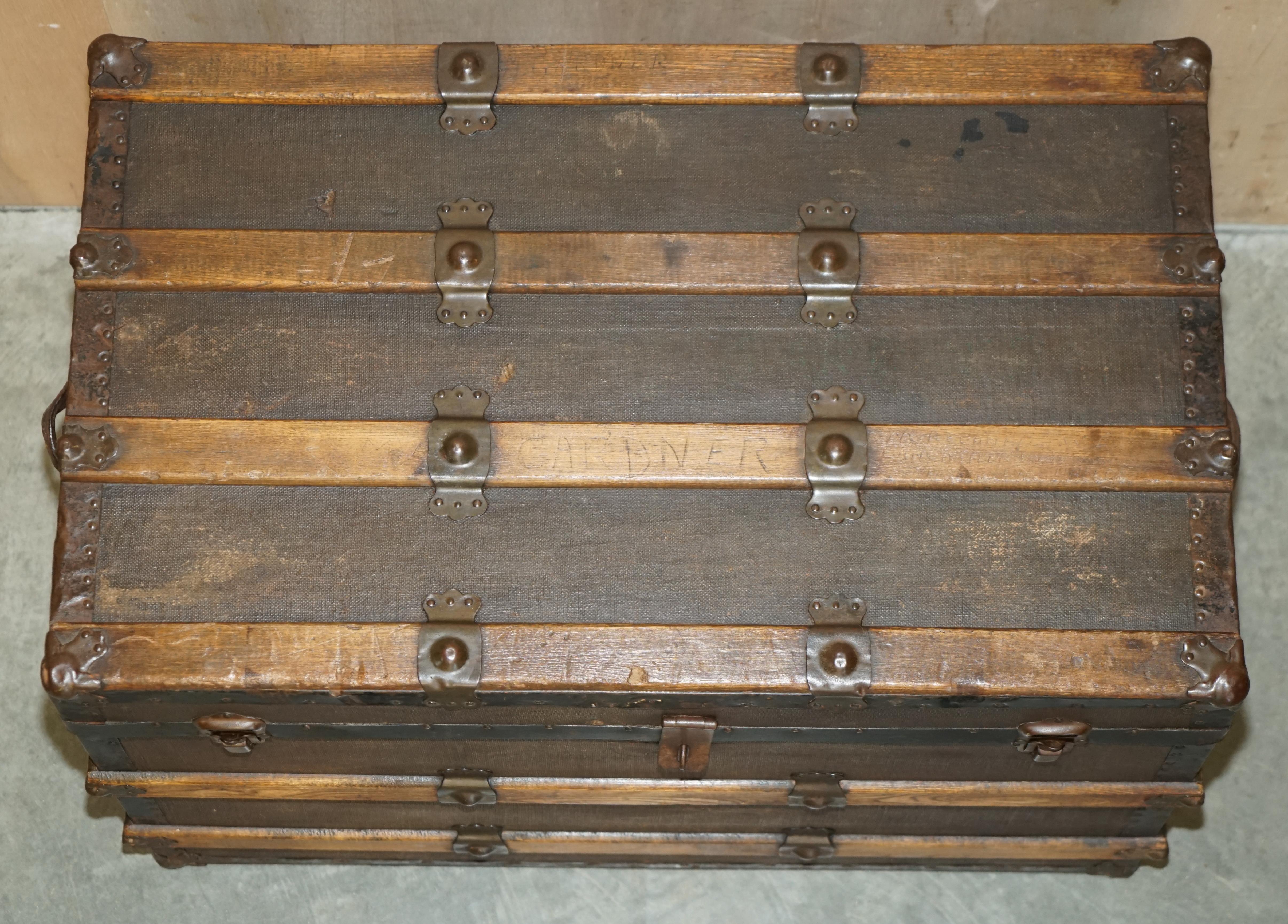 Original Antique Victorian Leather Elm & Canvas Steamer Trunk Chest Coffee Table 4