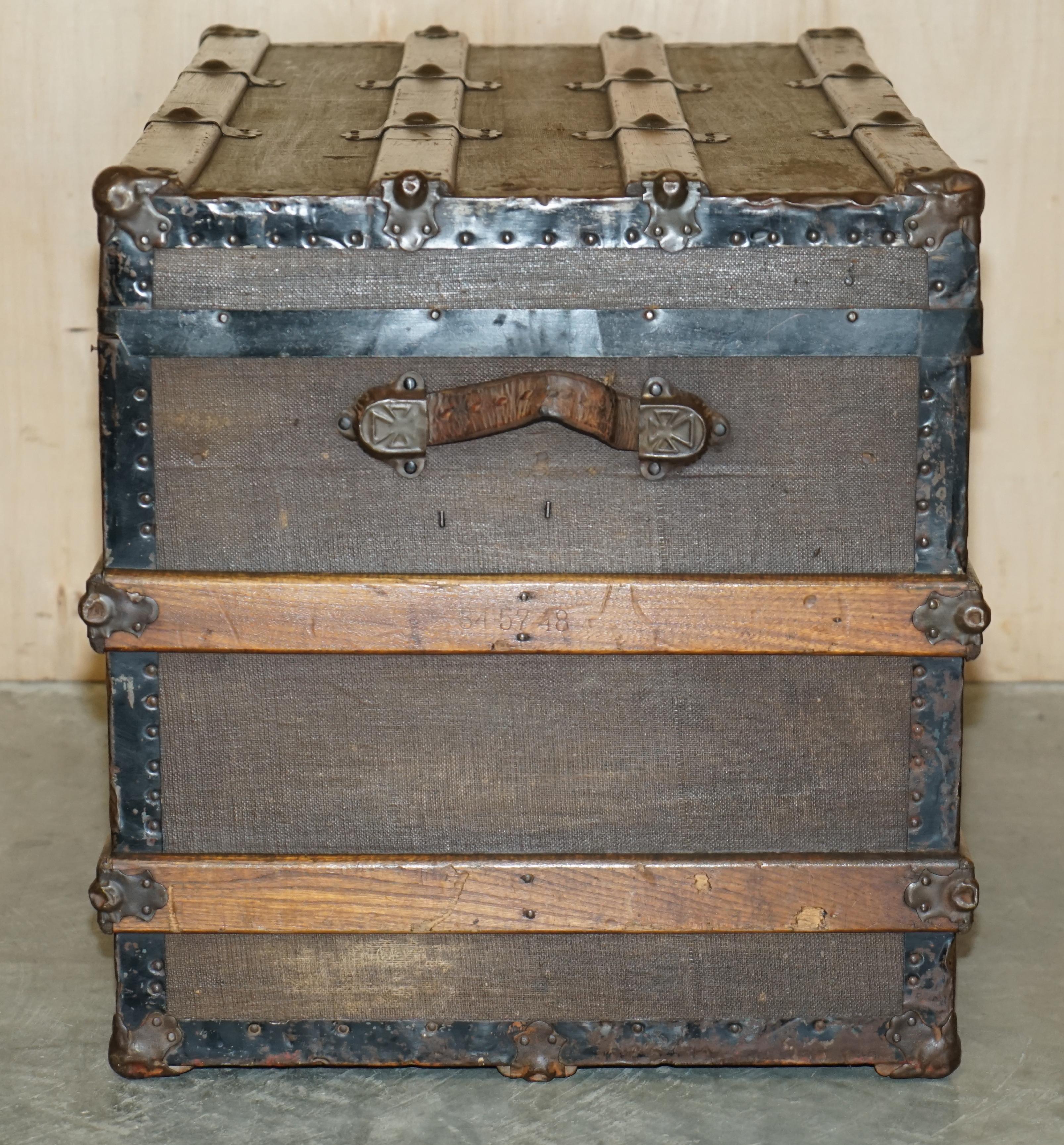 Original Antique Victorian Leather Elm & Canvas Steamer Trunk Chest Coffee Table 5