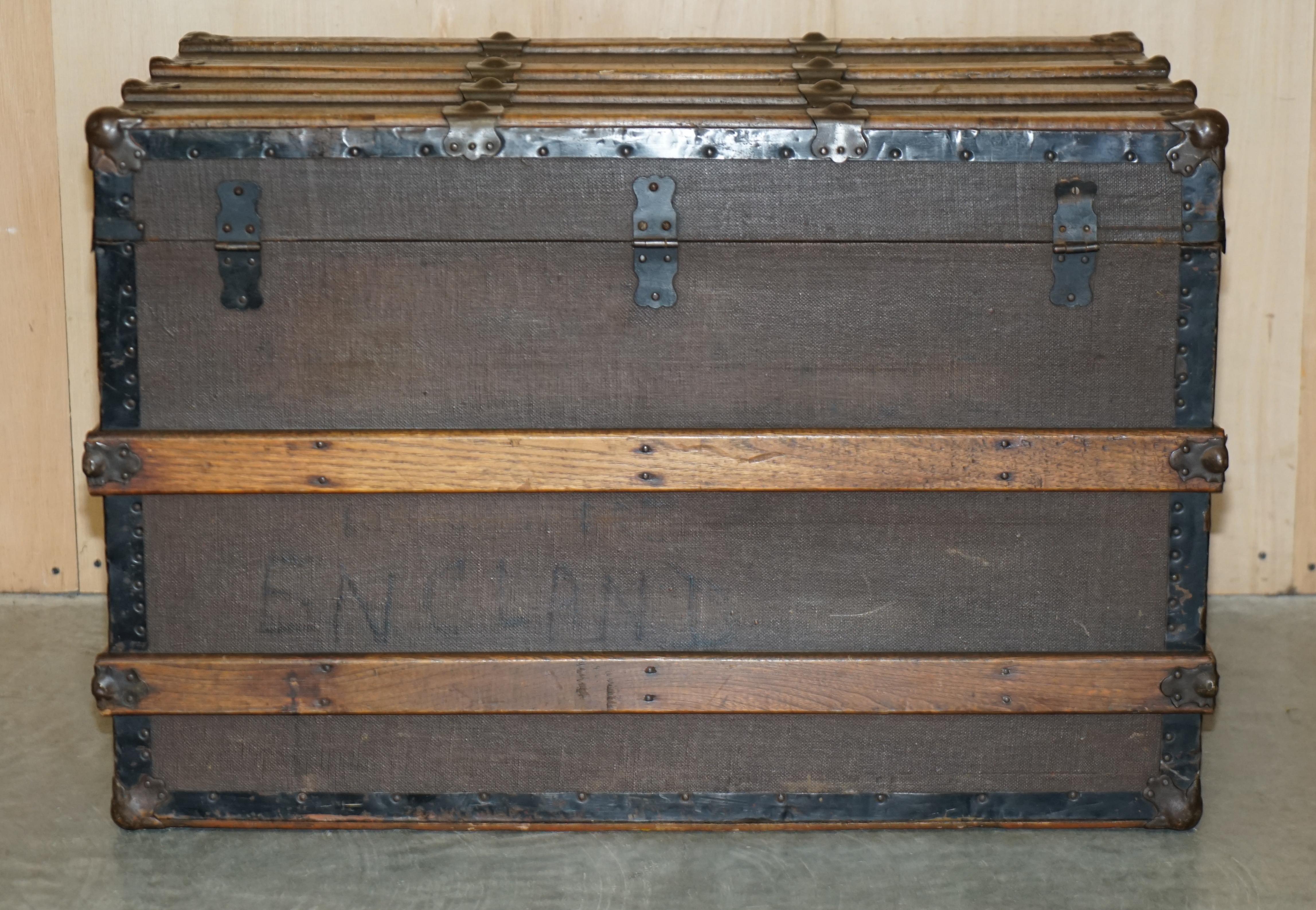 Original Antique Victorian Leather Elm & Canvas Steamer Trunk Chest Coffee Table 7