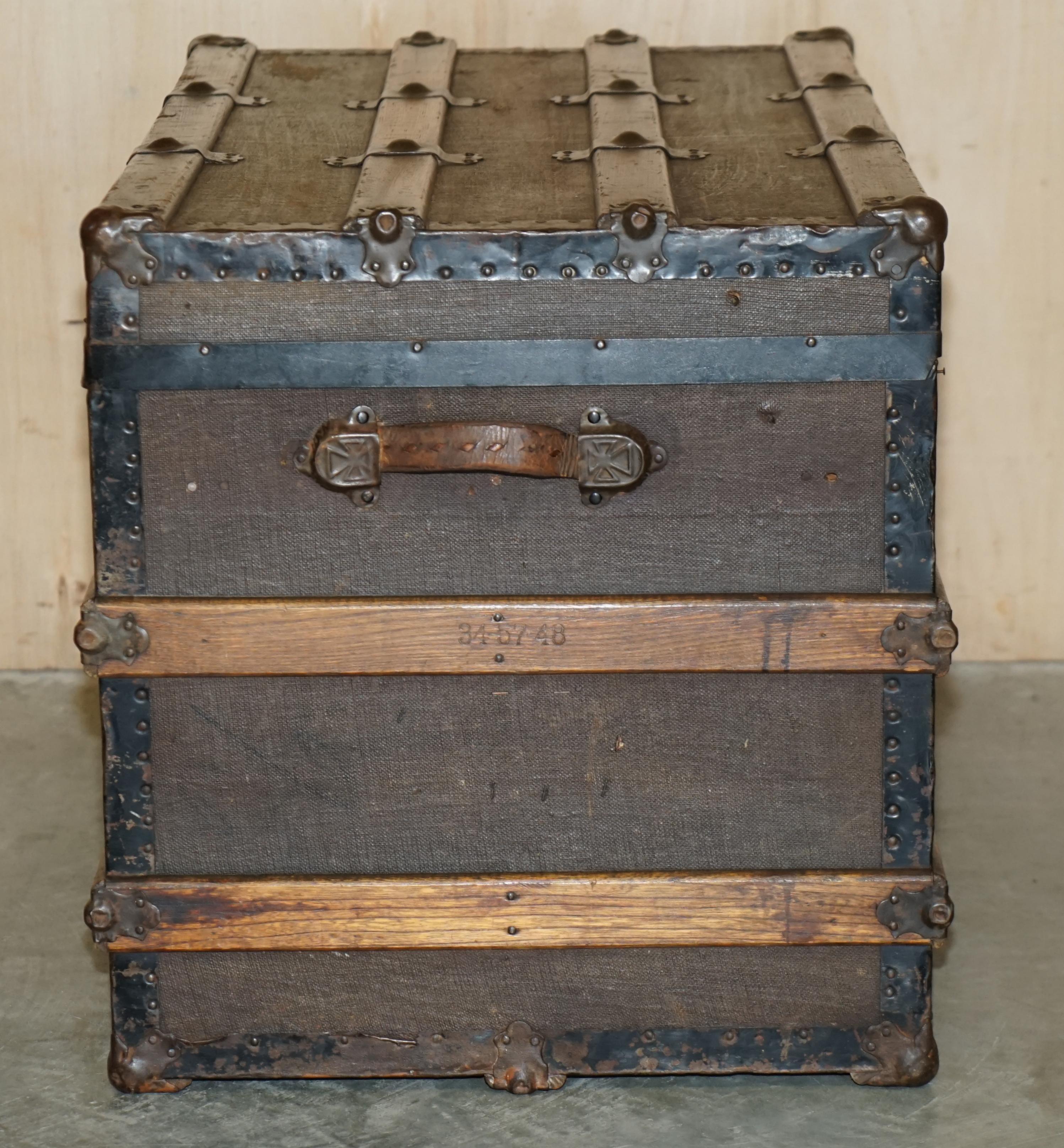 Original Antique Victorian Leather Elm & Canvas Steamer Trunk Chest Coffee Table 9
