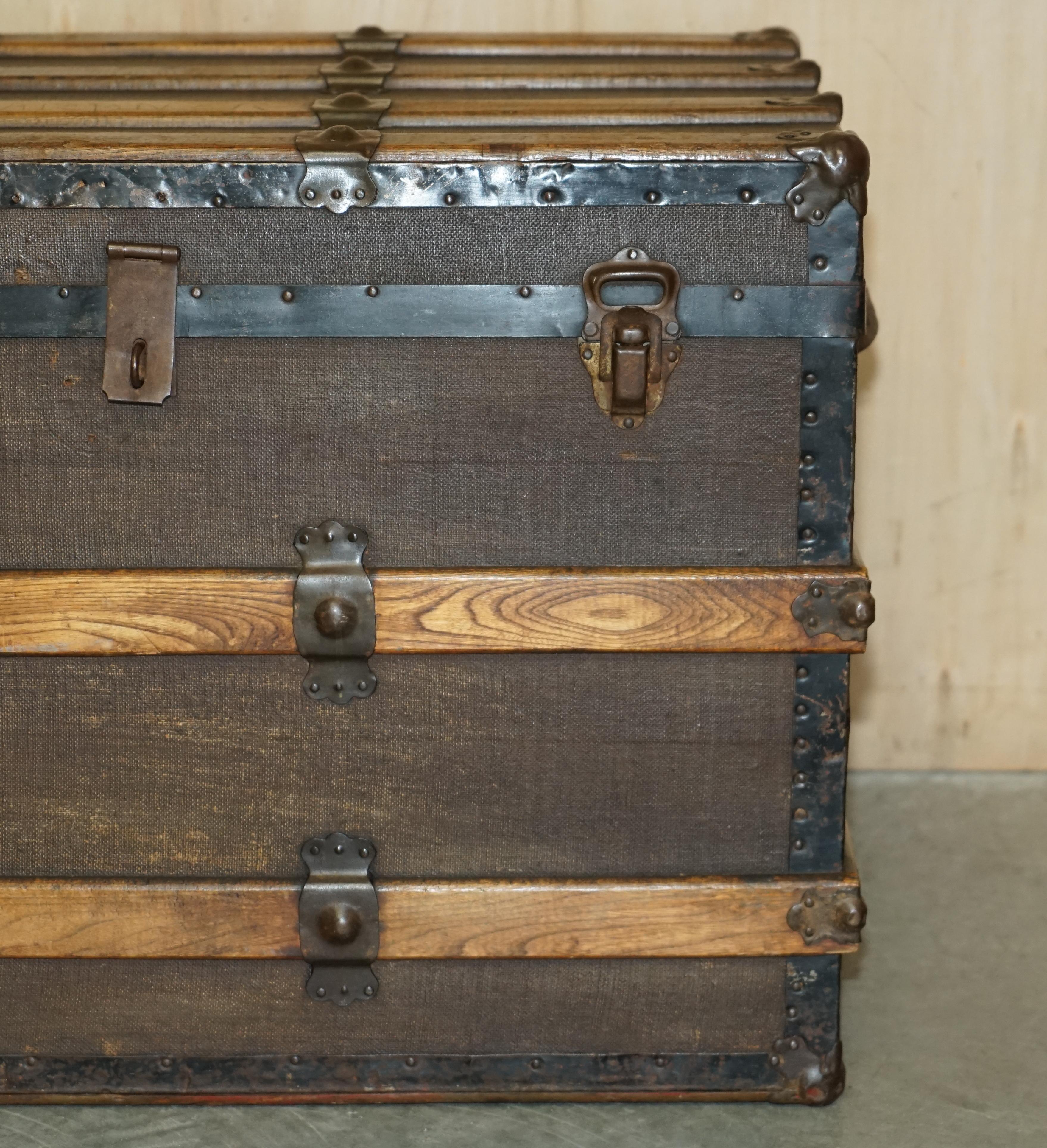 Late 19th Century Original Antique Victorian Leather Elm & Canvas Steamer Trunk Chest Coffee Table