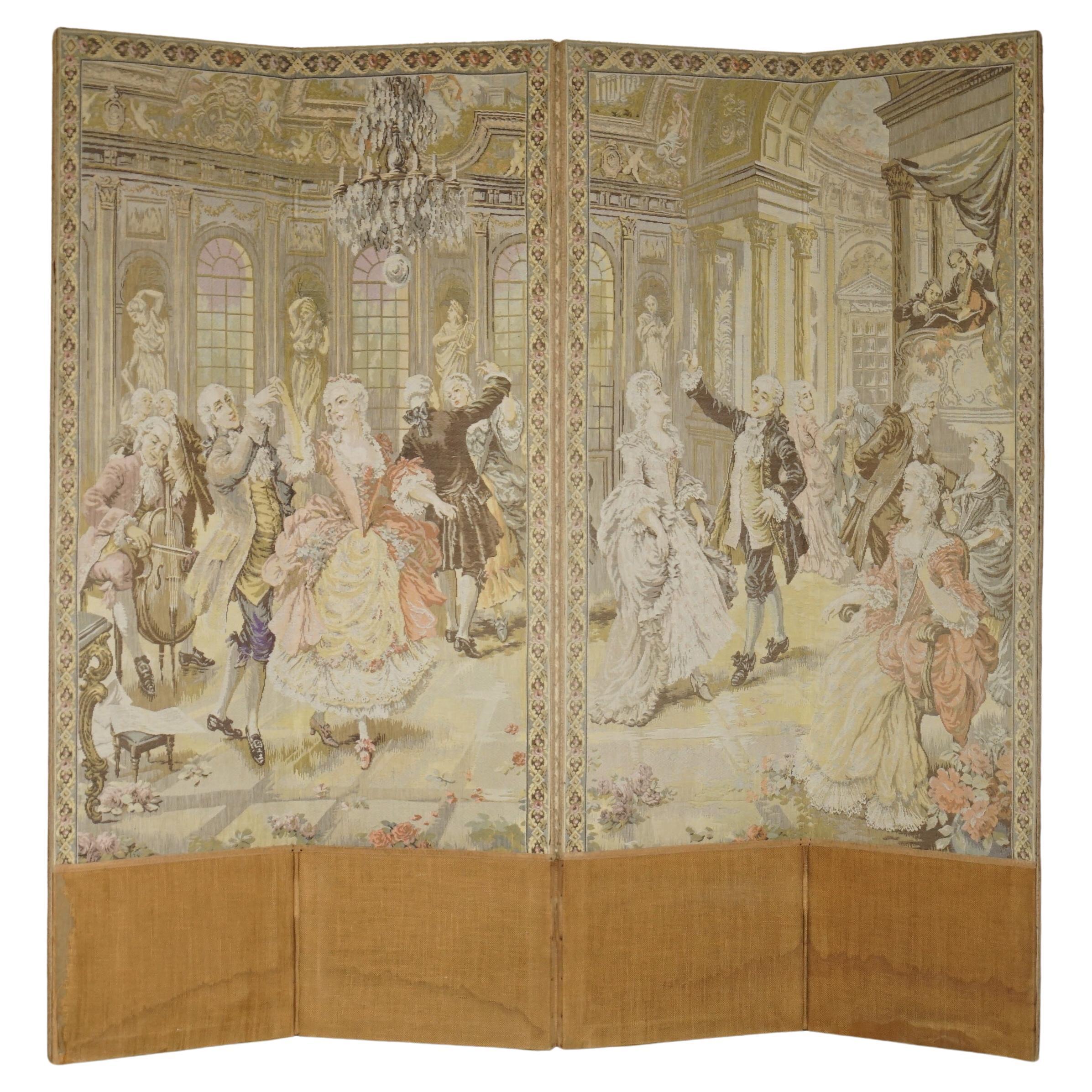 ORIGINAL ANTiQUE VICTORIAN TAPESTRY FOUR PANEL FOLDING SCREEN OF NOBLES DANCING For Sale