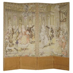 ORIGINAL ANTiQUE VICTORIAN TAPESTRY FOUR PANEL FOLDING SCREEN OF NOBLES DANCING