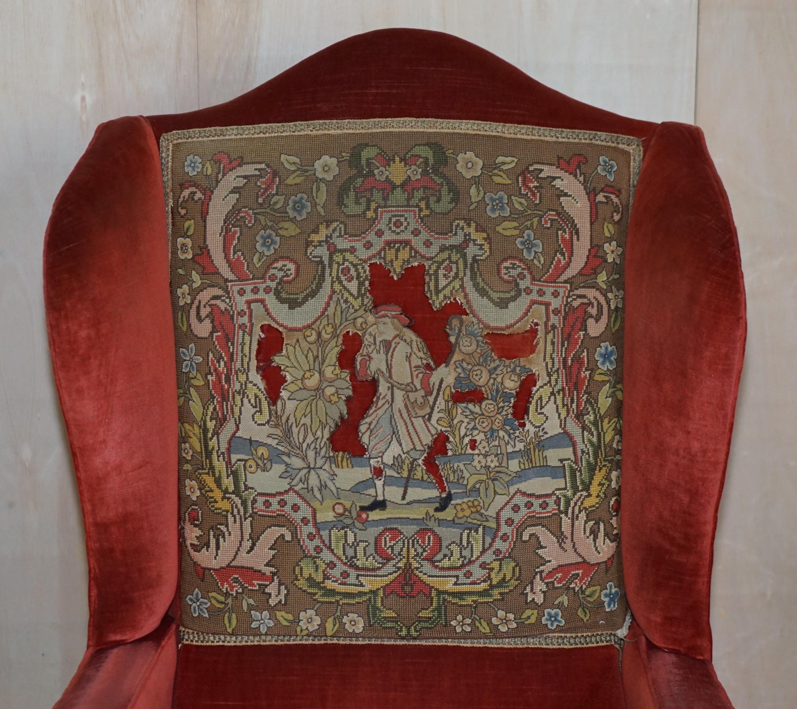 English Original Antique Victorian William Morris Wingback Armchair Period Embroidery