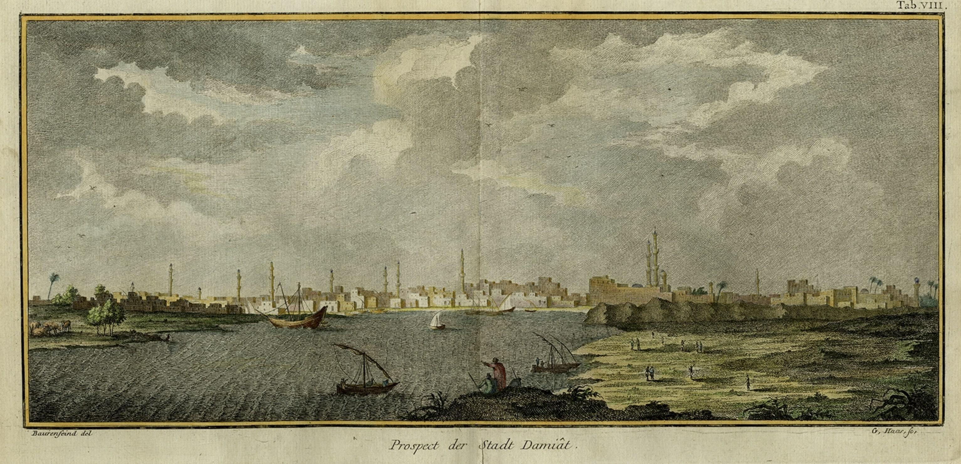 Vue ancienne de la ville de Damietta, Égypte, 1774 Bon état - En vente à Langweer, NL