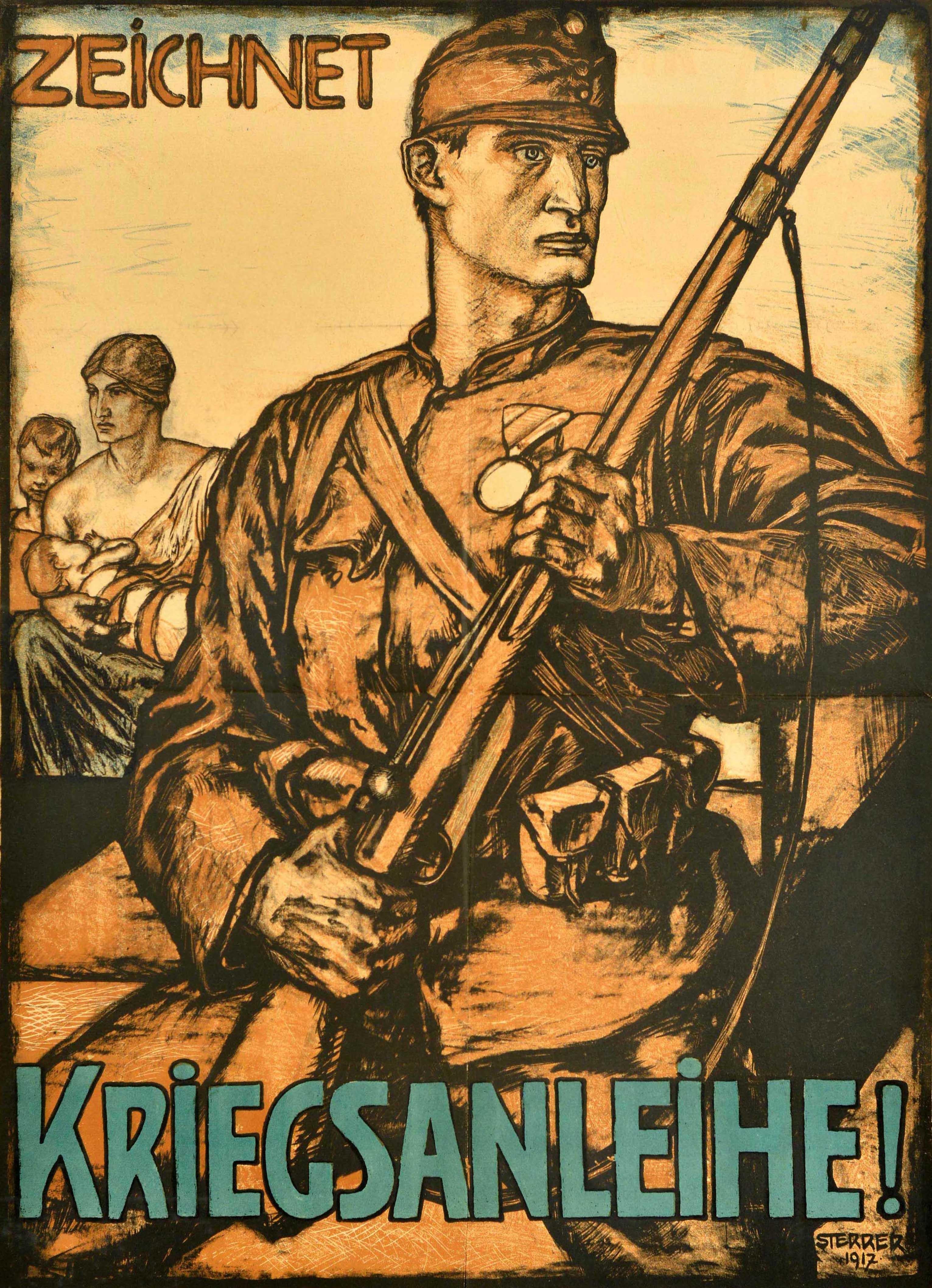 Originales antikes Kriegsanleihe-Plakat aus dem Ersten Weltkrieg - Zeichnen Sie die Kriegsanleihe des k. u. k. Wiener Bankvereins / Zeichnet Kriegsanleihe! K.K. Priv. Wiener Bank-Verein - zeigt einen Soldaten, der ein Gewehr mit einer Medaille auf