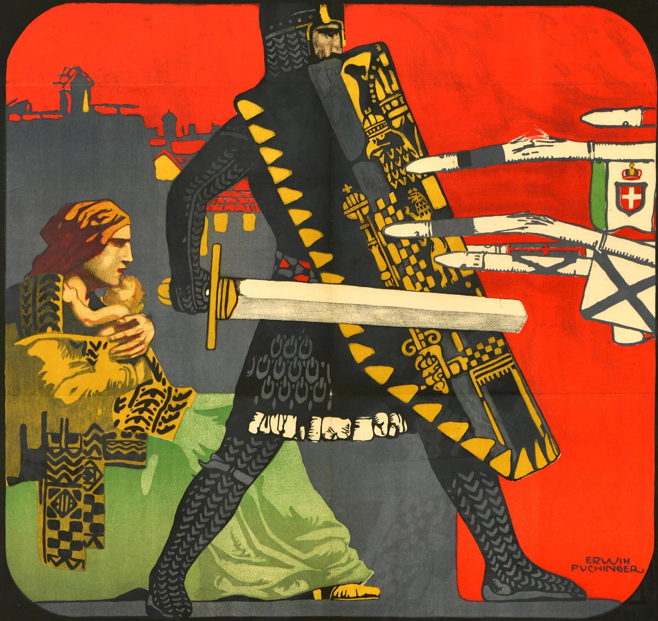 Original antique World War One war bond poster for the 3rd War Loan featuring an illustration by the Viennese artist Erwin Puchinger (1875-1944) depicting a soldier in full military knight armour holding a sword and shield to protect a mother