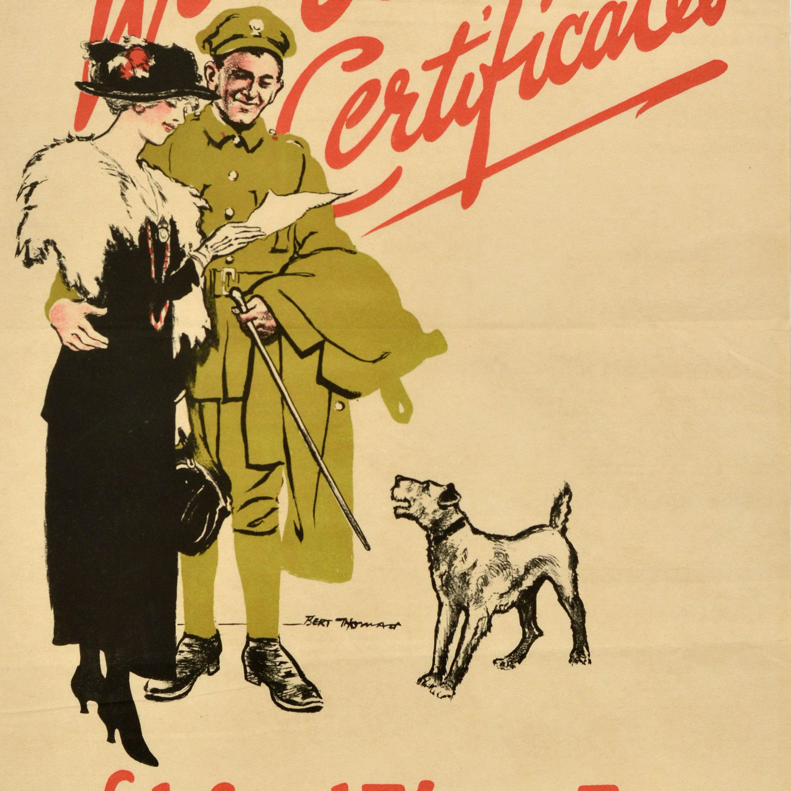 Original antique World War One war bonds poster - For her! Buy War Savings Certificates £1 for 15'6 in 5 years You can get your money back any time - featuring an illustration of an elegant lady in a fashionable long black dress with flowers on her