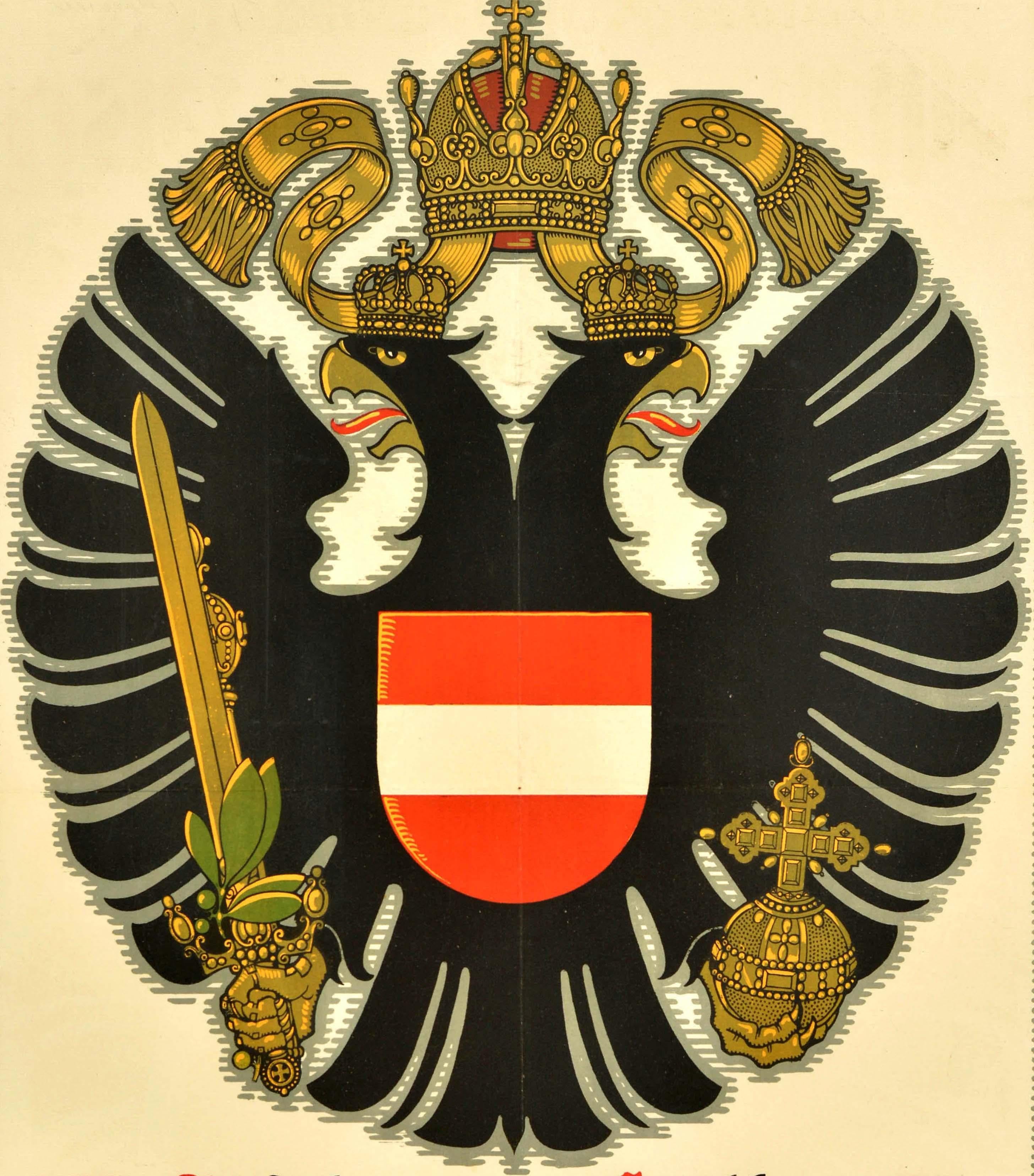 Original antique World War One war loan poster for the 5th Austrian War Bond featuring a decorative Austrian coat of arms symbol comprised of a crowned double headed eagle holding a sword and an orb with the red and white flag of Austria on a shield