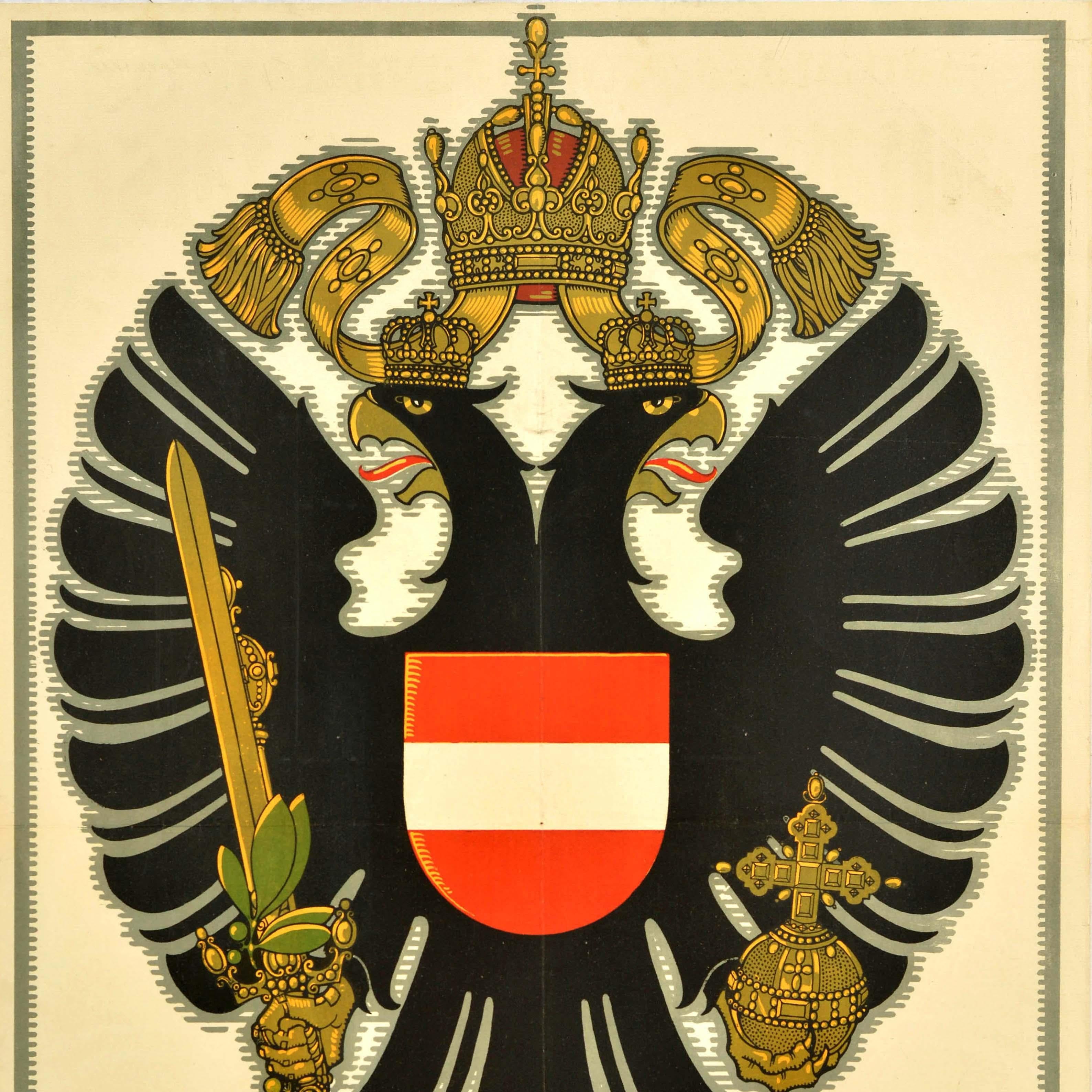 Original Antique War Loan Poster 5 Austrian War Bond Coat Of Arms WWI Shield In Good Condition In London, GB