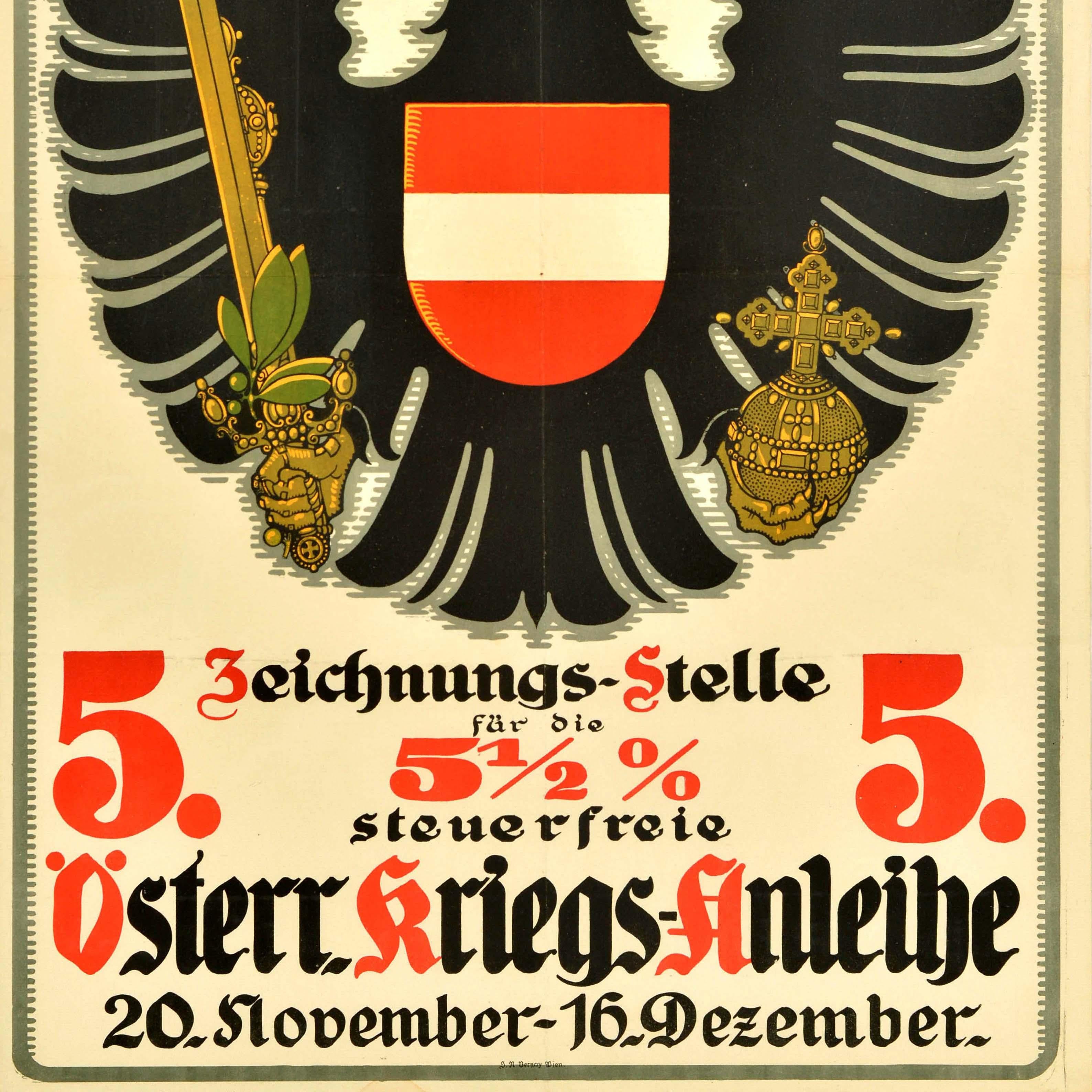 Early 20th Century Original Antique War Loan Poster 5 Austrian War Bond Coat Of Arms WWI Shield