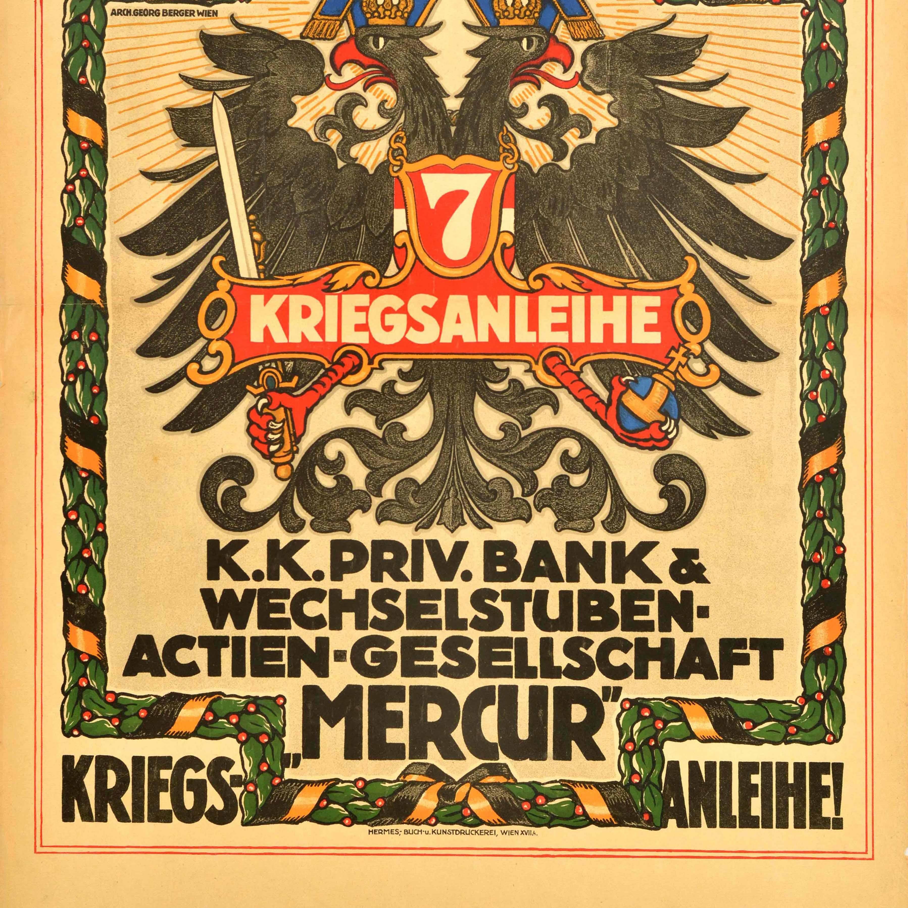 Early 20th Century Original Antique War Loan Poster 7 Austrian War Bond WWI Eagle Coat Of Arms