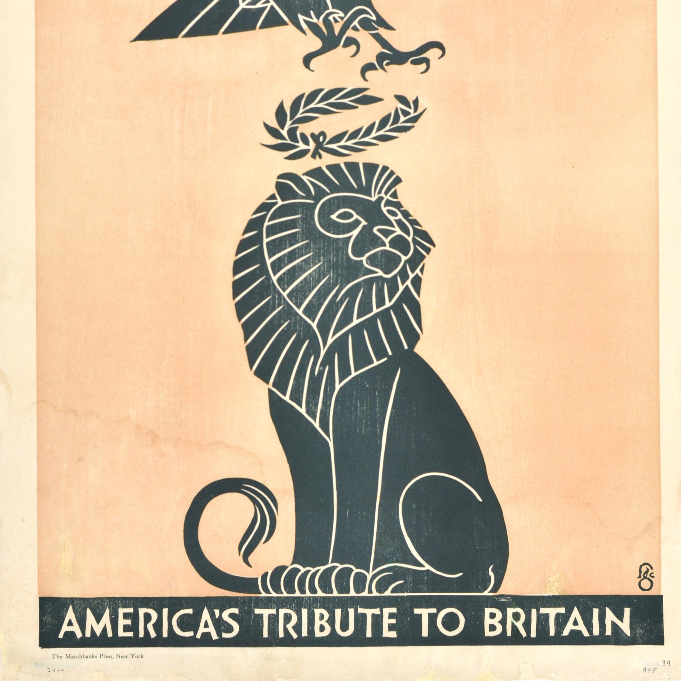 Original Antique War Poster America's Tribute To Britain WWI Eagle Lion Design In Fair Condition In London, GB