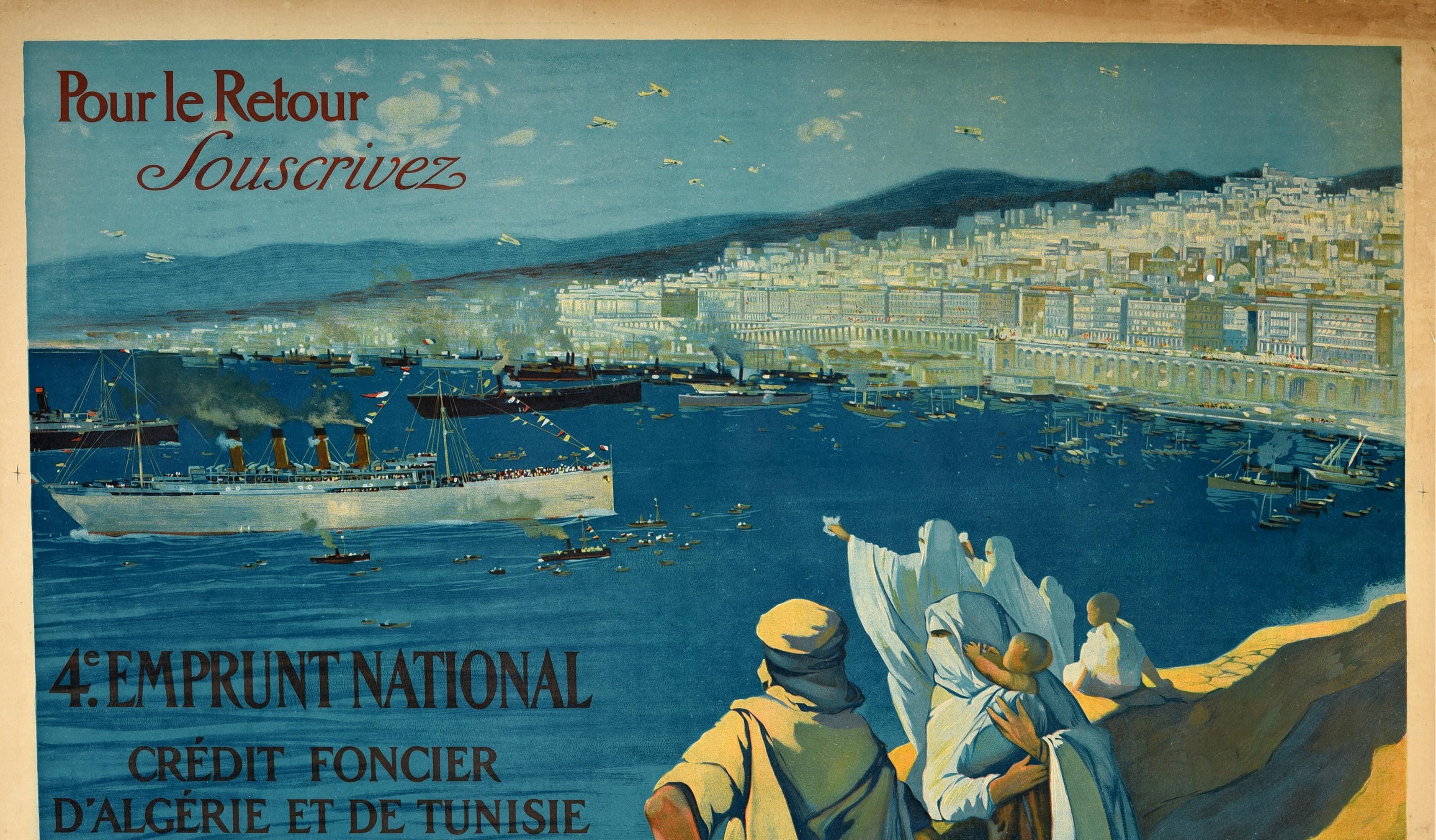 Original antique World War One poster - For the Return of Troops Subscribe to the 4th National loan land credit of Algeria and Tunisia / Pour le Retour Souscrivez 4e Emprunt National credit foncier d'Algerie et de Tunisie - featuring people looking