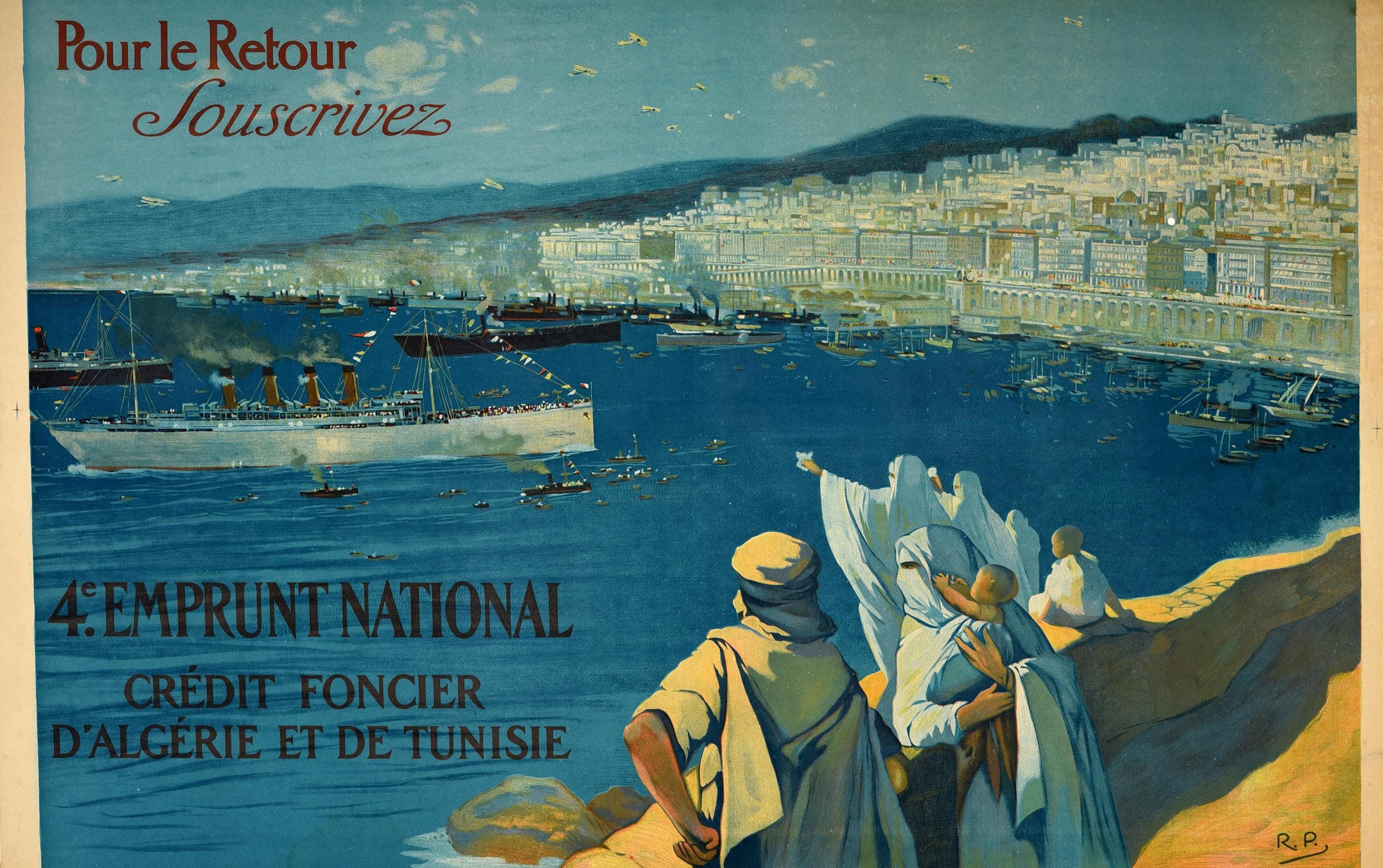 Original Antique War Poster Emprunt National Loan WWI Algeria Tunisia Troop Ship In Good Condition For Sale In London, GB