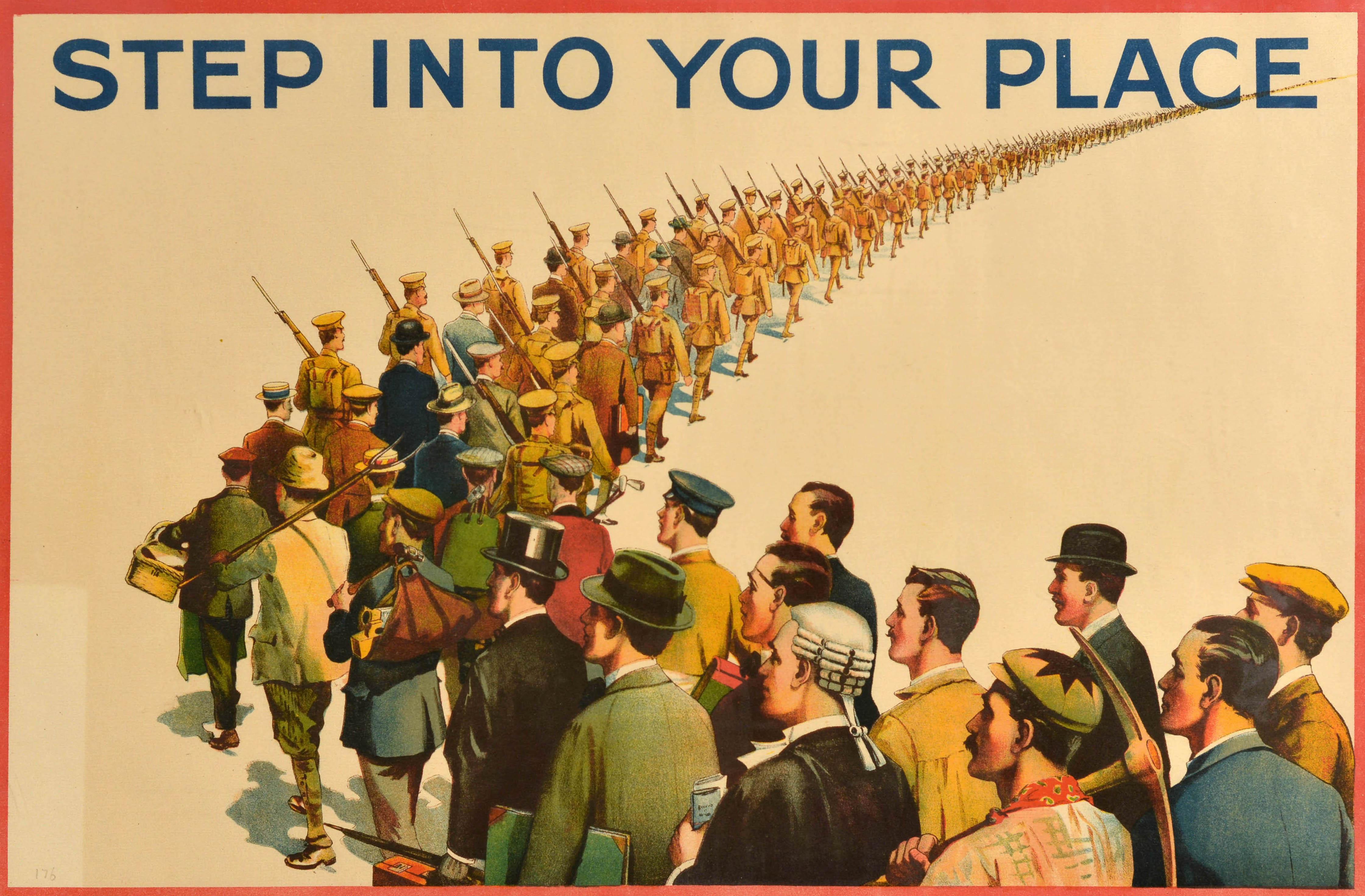 Original antique World War One military recruitment poster - Step Into Your Place - featuring an iconic design depicting a column of British civilian men carrying the tools of their trade and profession including a judge in a wig and judicial gown