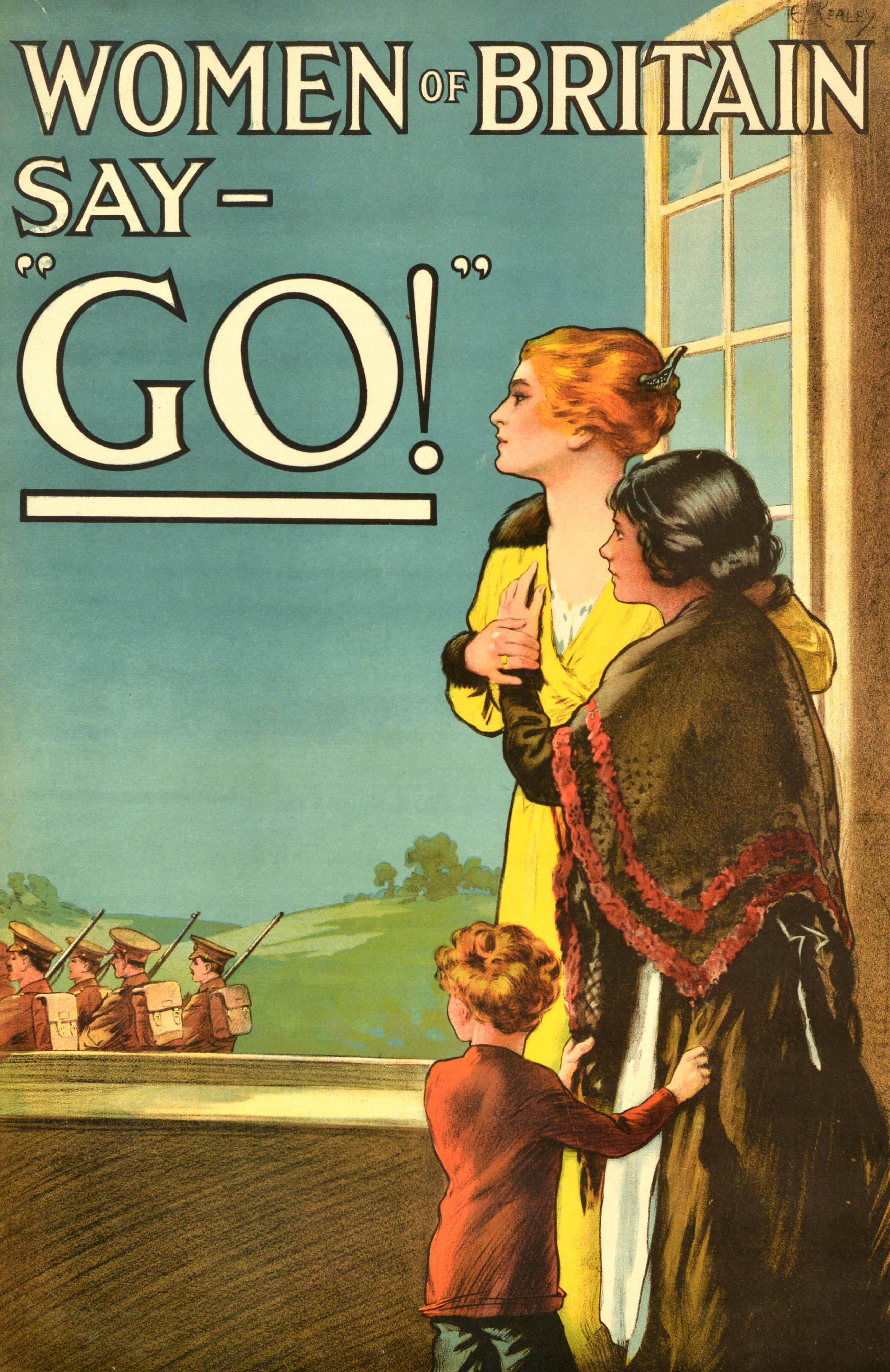Cartel original antiguo de propaganda de la Primera Guerra Mundial publicado por el Comité Parlamentario de Reclutamiento: Las mujeres de Gran Bretaña dicen: 