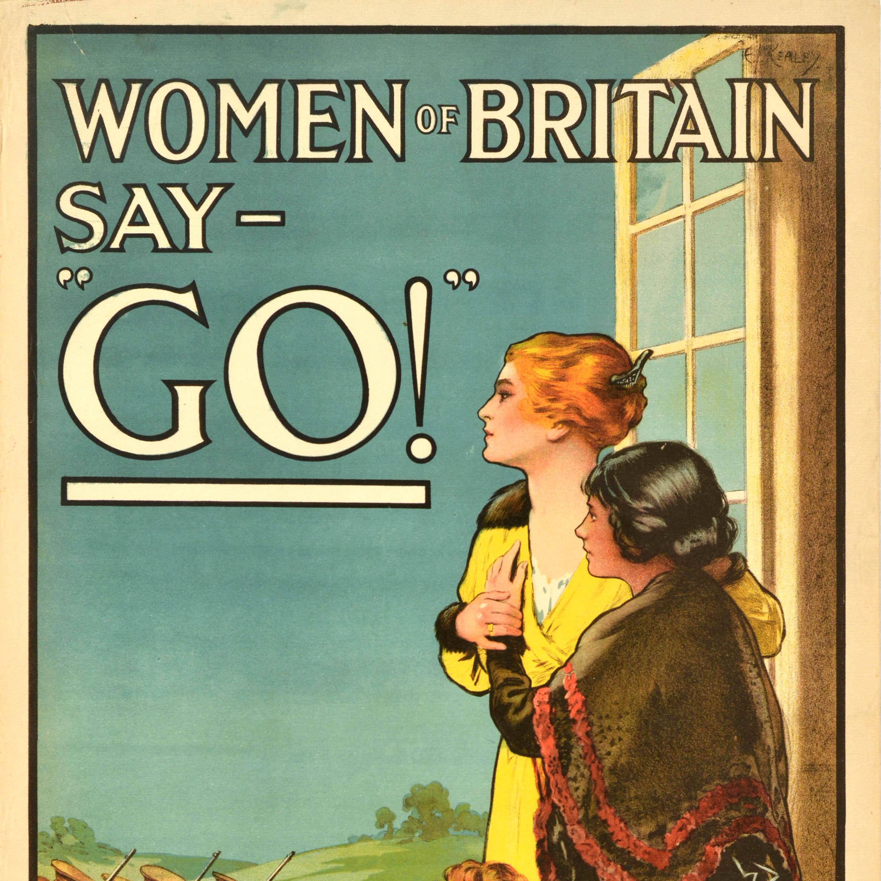 Cartel Original Antiguo de Propaganda de Guerra Las Mujeres de Gran Bretaña Dicen Vamos Reclutamiento I Guerra Mundial Británico