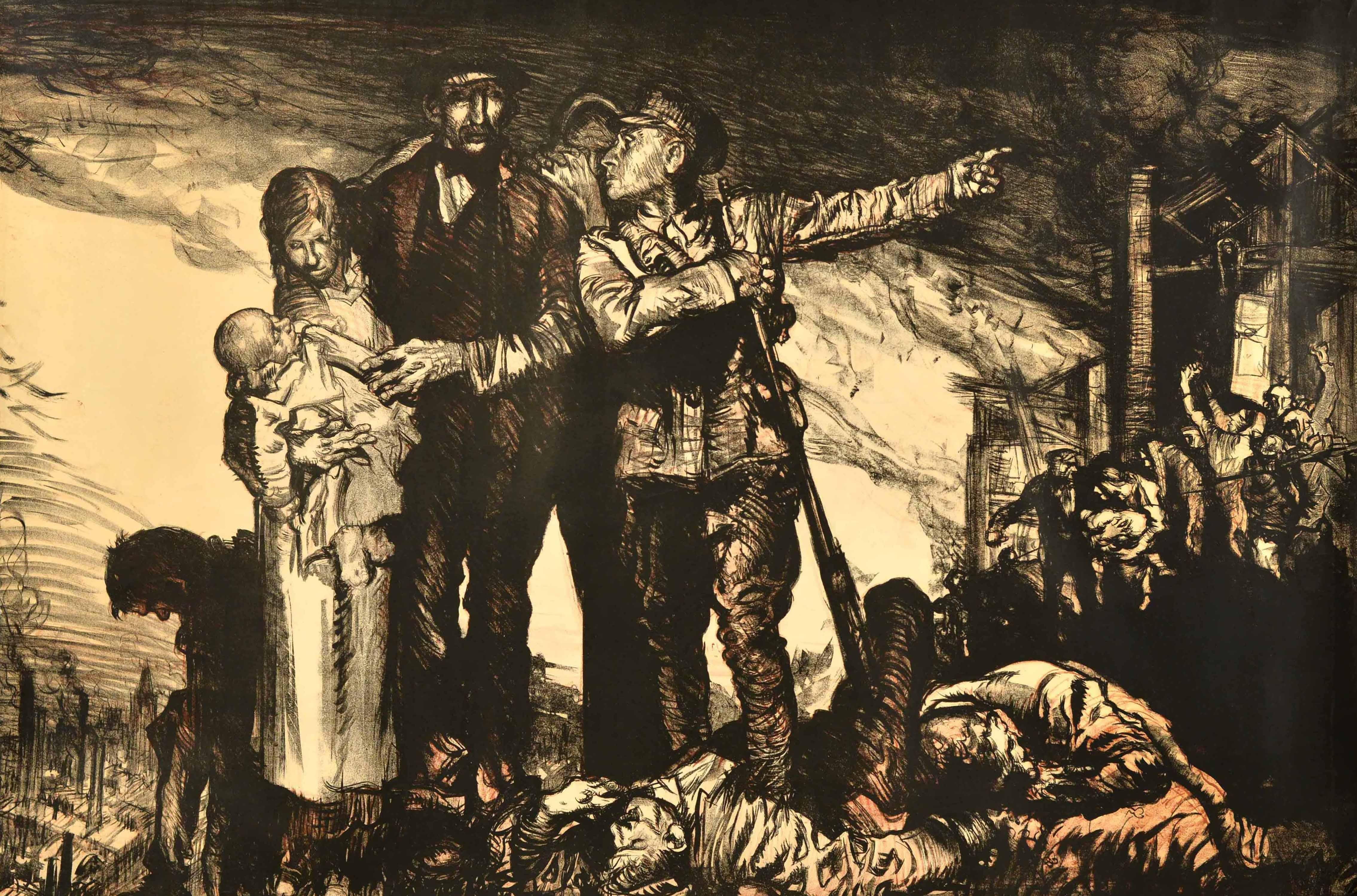 Cartel antiguo original de reclutamiento para la Primera Guerra Mundial con una dinámica ilustración del notable artista galés Frank William Brangwyn (1867-1956) que representa a un soldado en uniforme dando indicaciones a una familia, el hombre