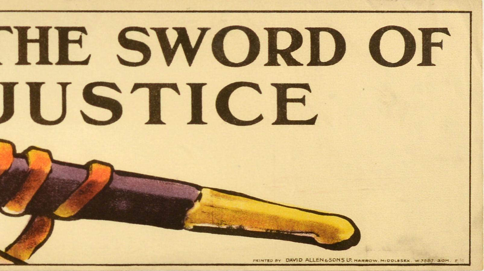 Early 20th Century Original Antique War Recruitment Poster Take Up The Sword Of Justice WWI For Sale