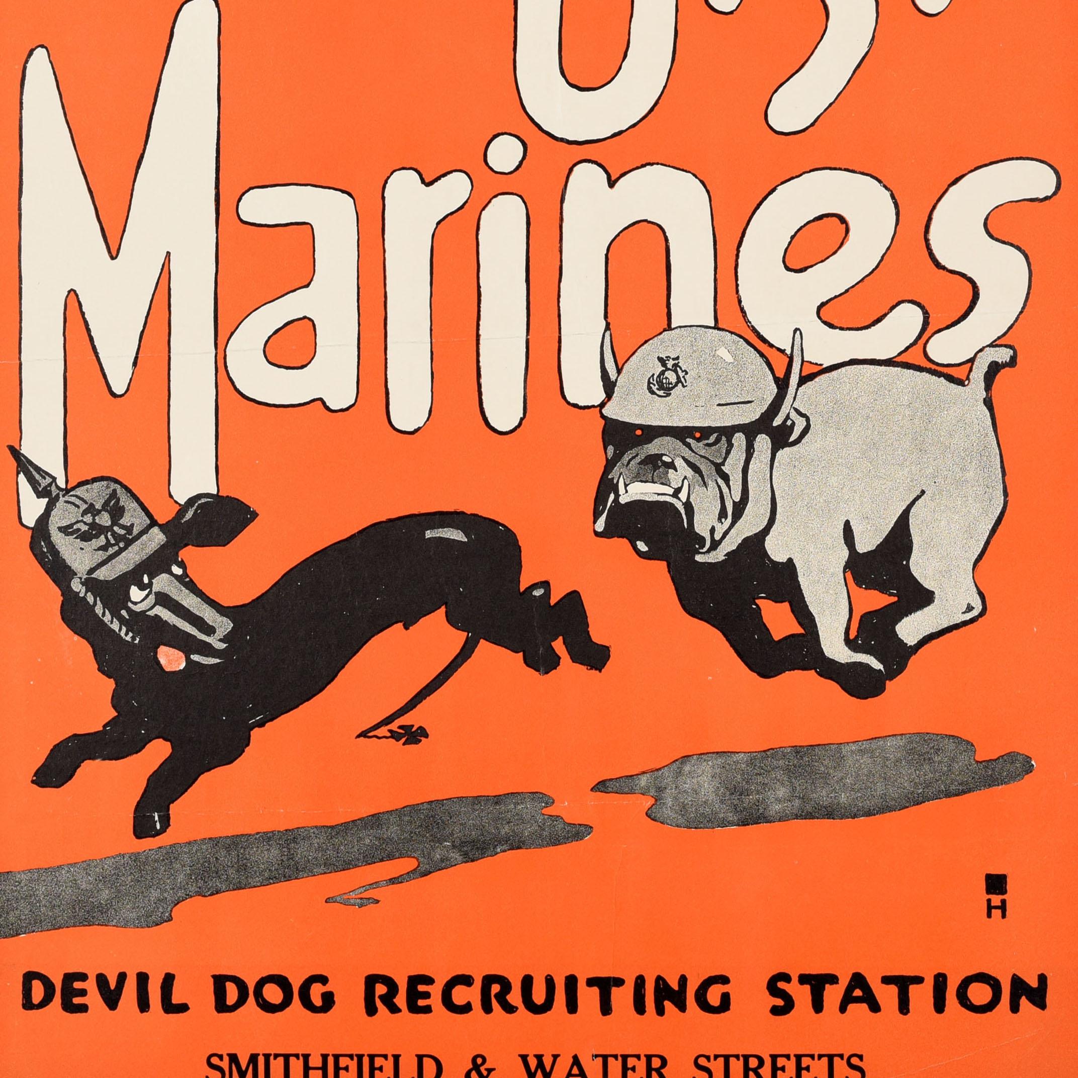 Original antique World War One recruitment poster for the US Marine Corps (founded 1775) - Teufel Hunden German Nickname For U.S. Marines Devil Dog Recruiting Station - featuring artwork by Charles Buckles Falls (1874-1960) depicting a bulldog