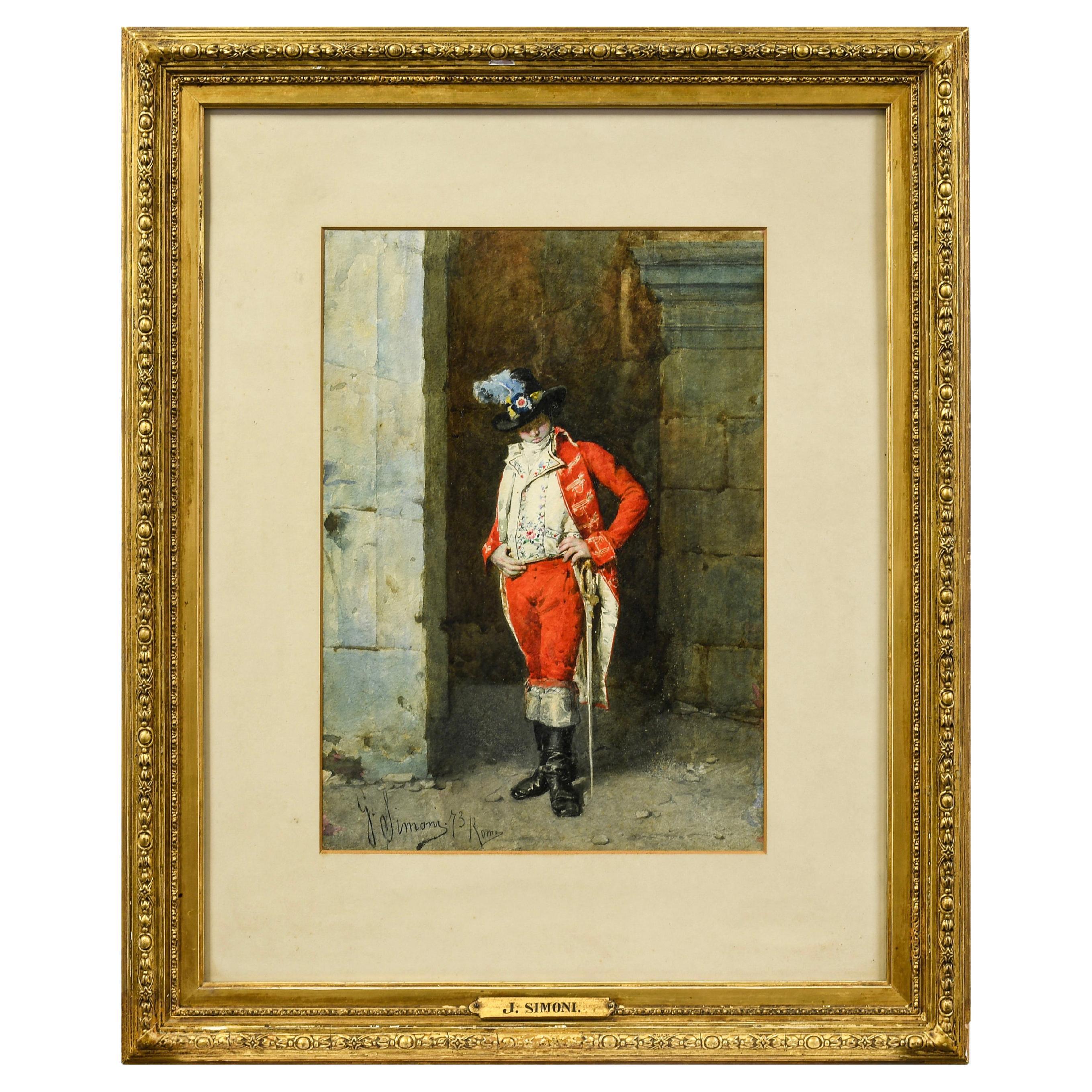 Antique Watercolour Painting of 'the Sentinel' by Italian Painter Gustavo Simoni For Sale