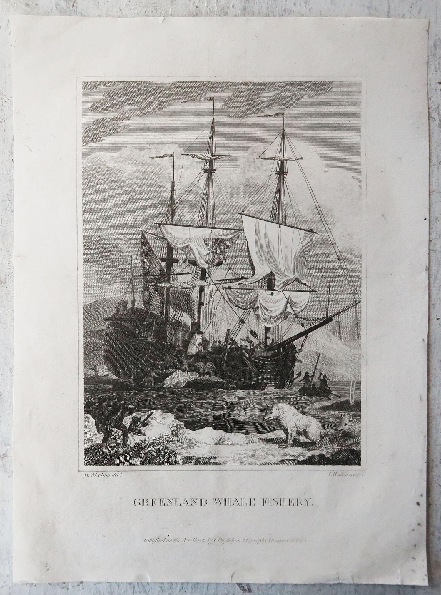 Folk Art Original Antique Whaling Print, Circa 1800 For Sale