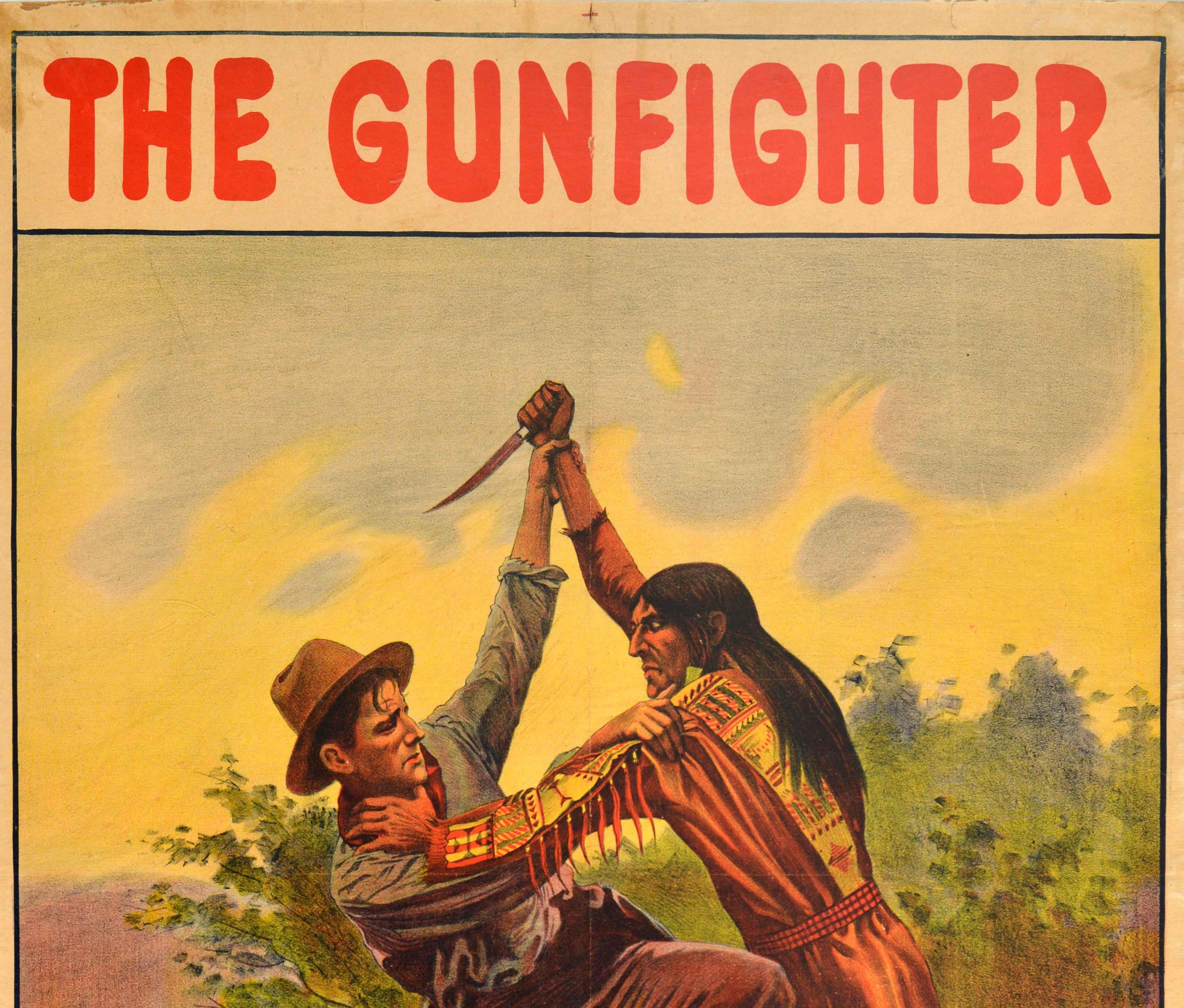 Original antique film poster for a Wild Western movie The Gunfighter The Outlaws Redemption featuring two men fighting with the title text in bold red lettering above and subtitle below next to the Nestor Film Company logo. Good condition, restored