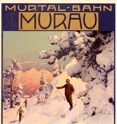 Affiche originale et ancienne de sport d'hiver et de ski:: Chemin de fer Murtal Bahn:: Murau:: Autriche