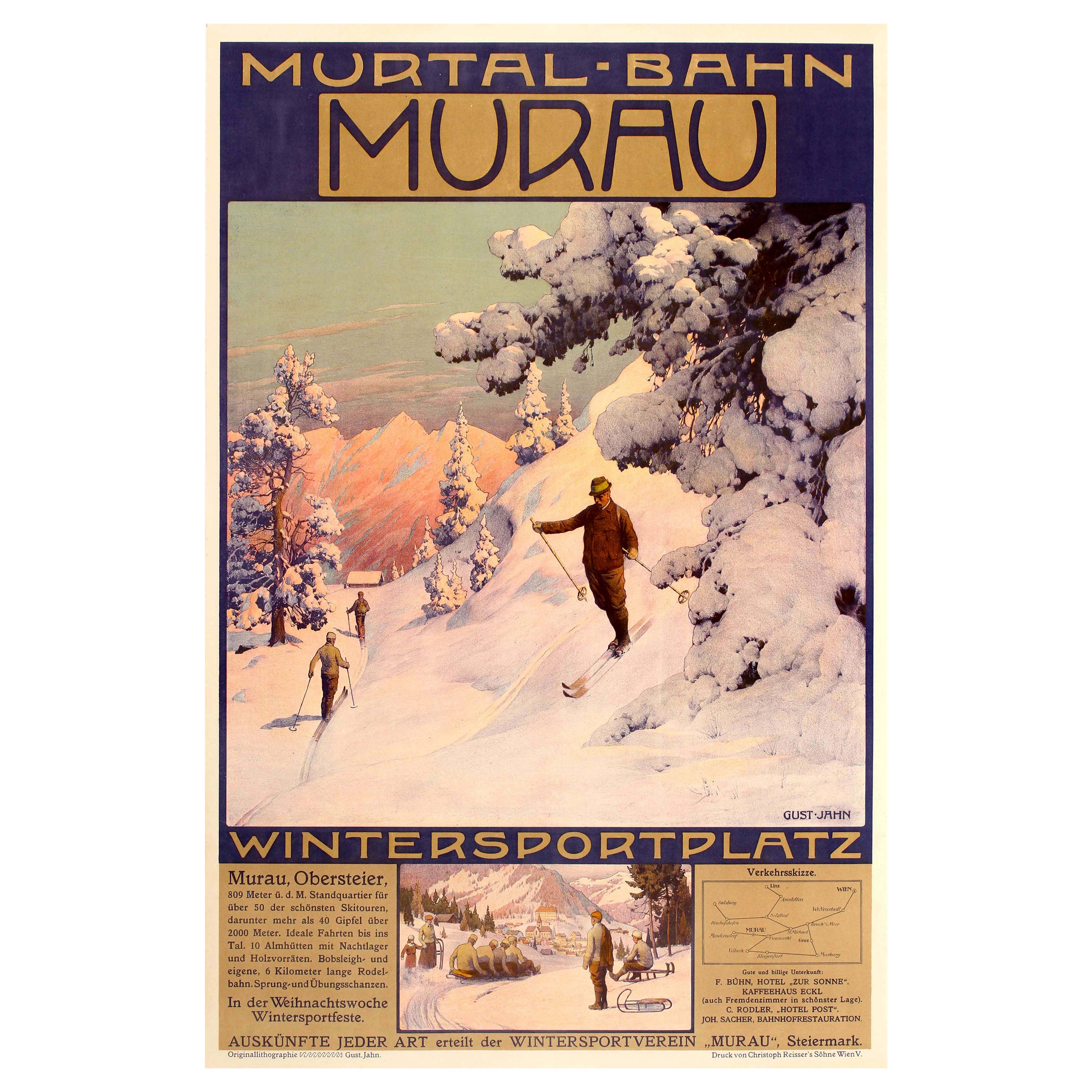 Original Antique Winter Sport & Skiing Poster Murtal Bahn Railway Murau Austria For Sale