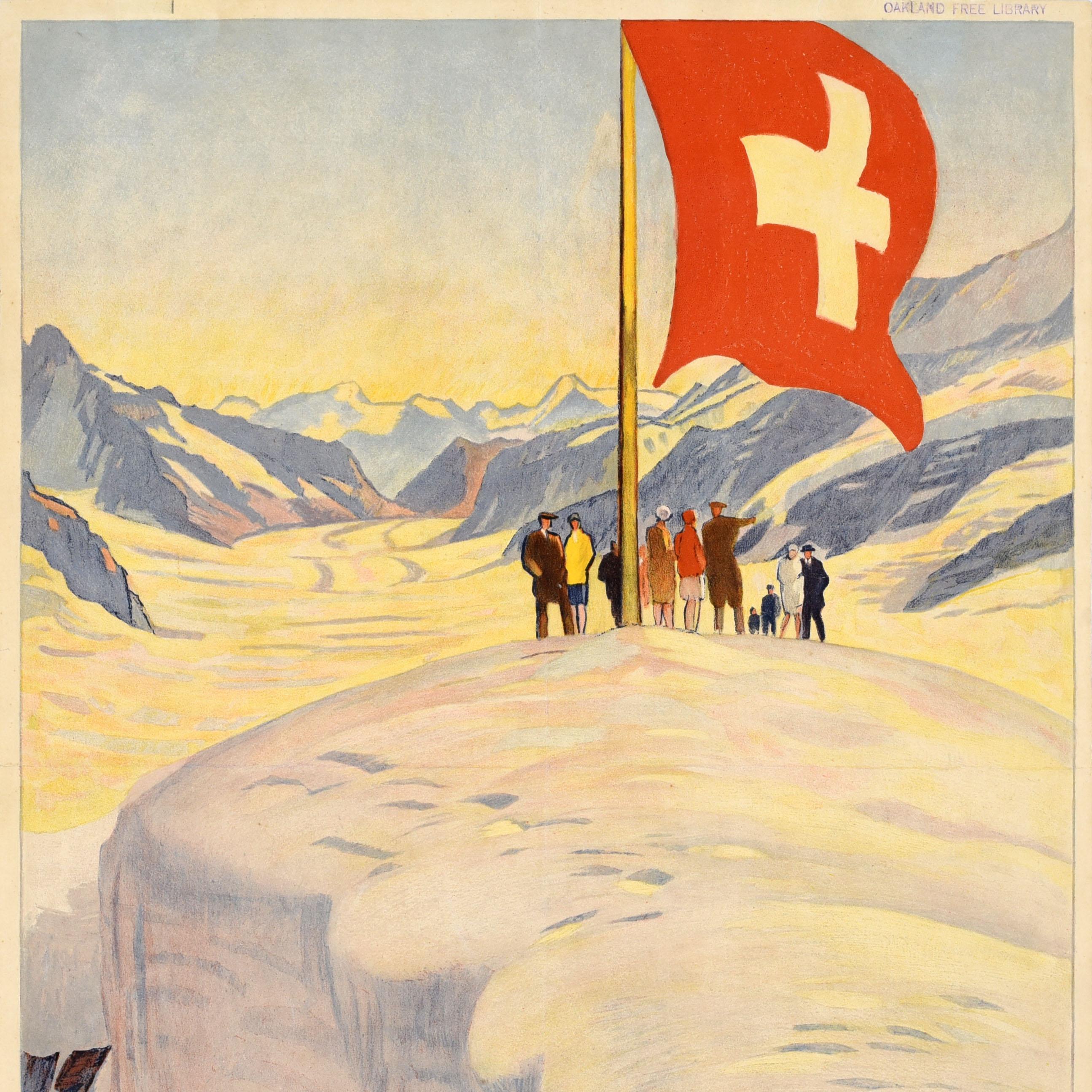 Swiss Original Antique Winter Sport Travel Poster Jungfrau Railway Bernese Oberland For Sale