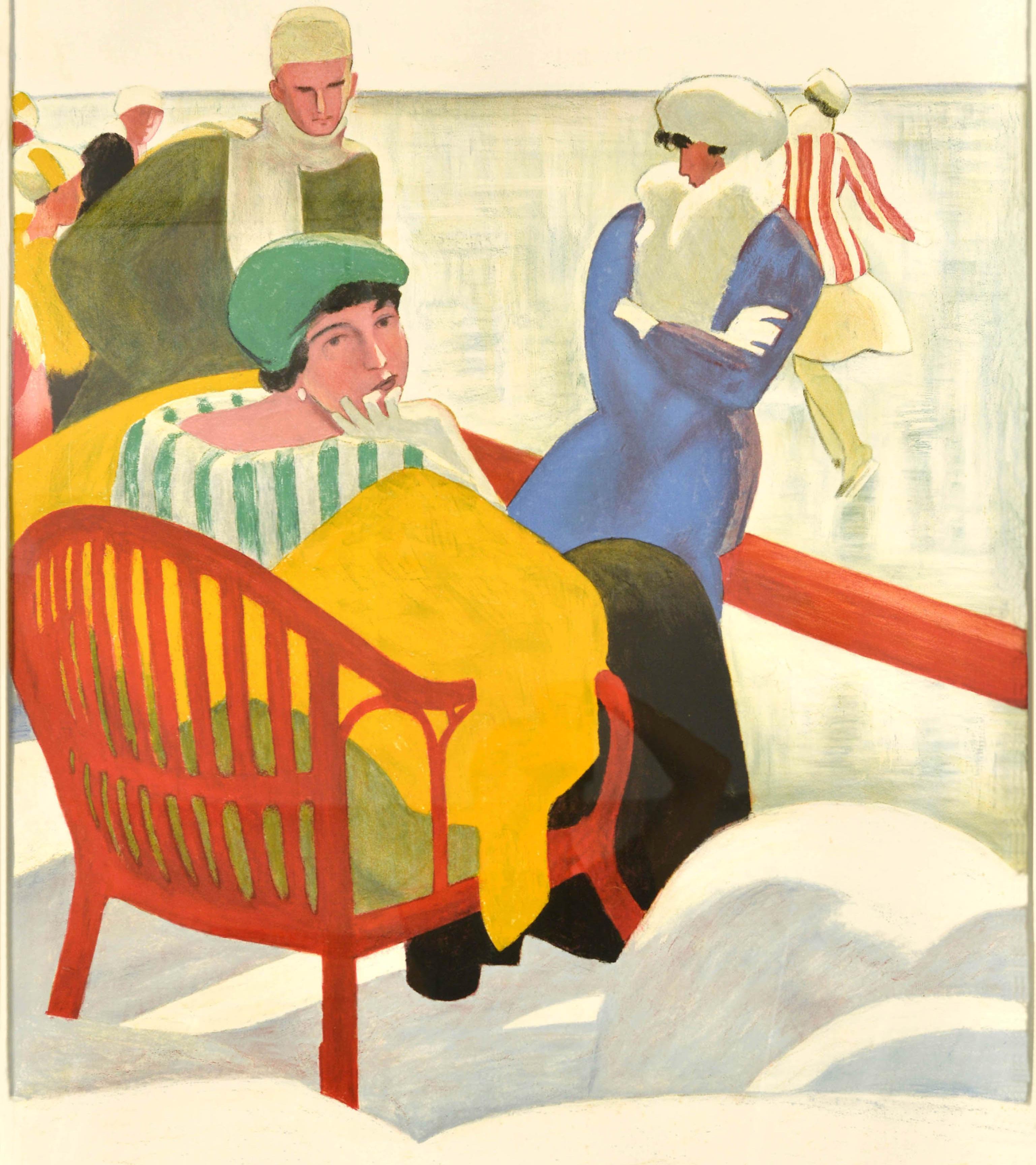 Originales, antikes Winterreiseplakat für das Palace Hotel St. Moritz in der Schweiz mit einem atemberaubenden Entwurf des bekannten Schweizer Künstlers Emil Cardinaux (1877-1936), der eine Gruppe von Gästen in warmer Kleidung zeigt, die sich im