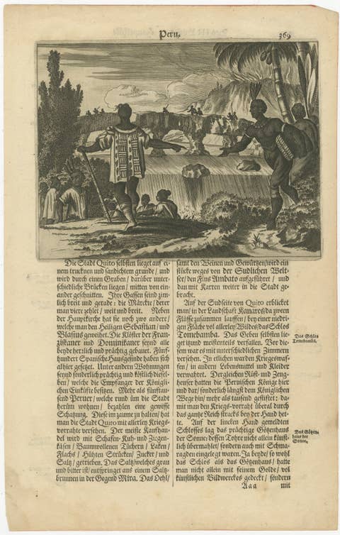Original Antique Woodcut of Peru and Quito from Gottfried's America, c.1655