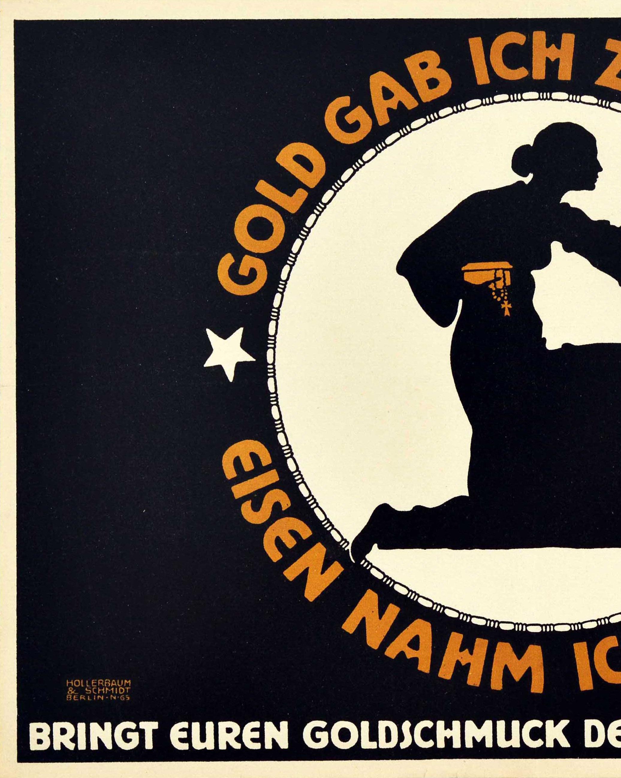 Cartel original antiguo de la Primera Guerra Mundial Oro para la defensa Hierro para el honor Primera Guerra Mundial Alemán en venta