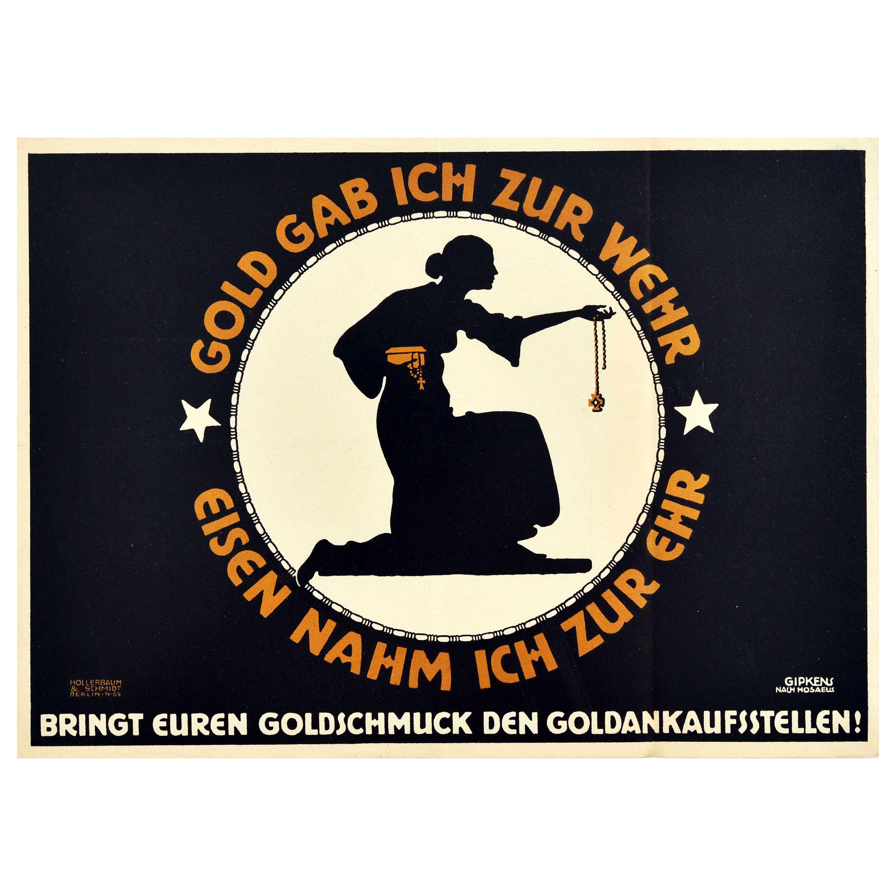 Affiche originale ancienne de la première guerre mondiale Or pour la défense Fer pour l'honneur WWI en vente