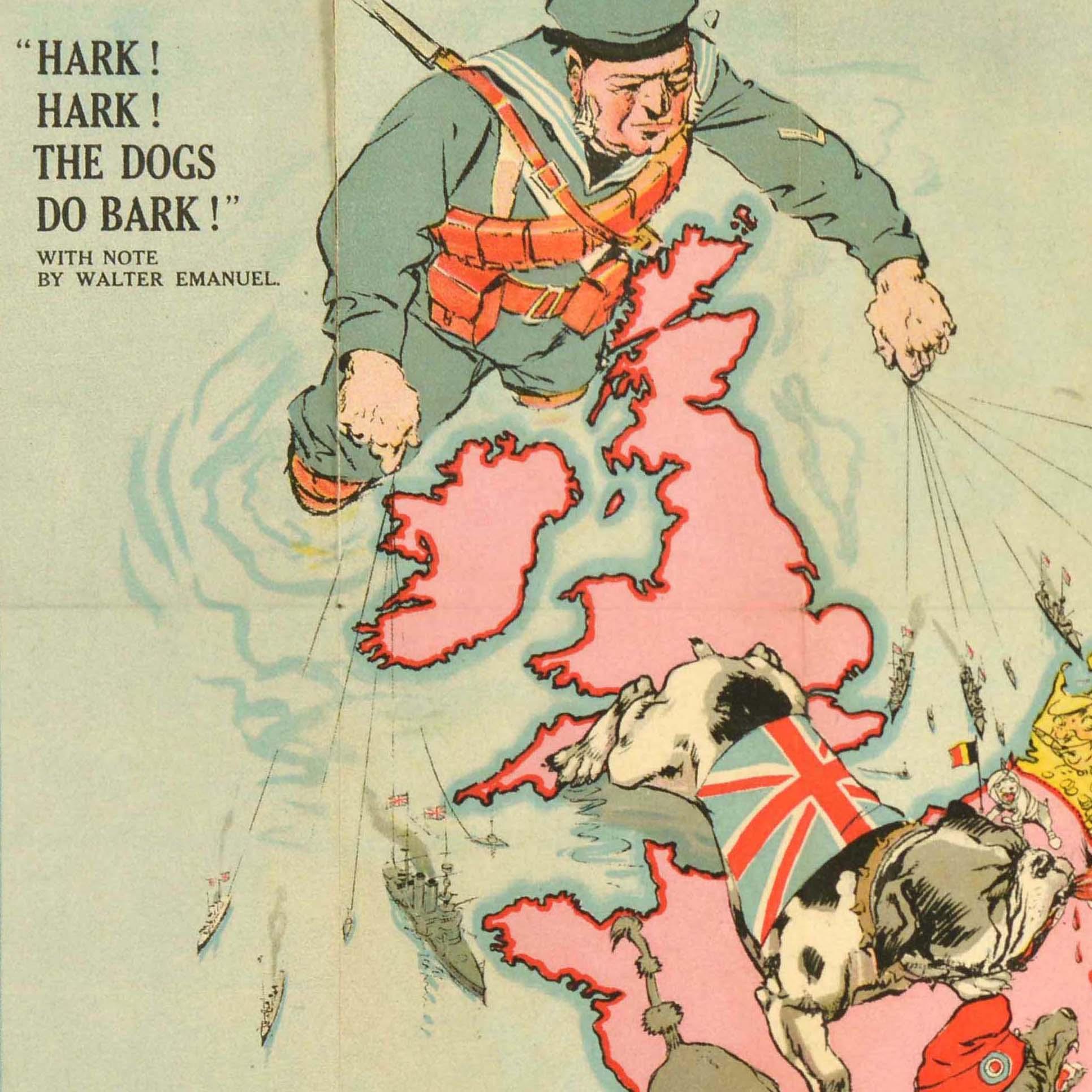 Originales antikes Poster aus dem Ersten Weltkrieg - Hark! Horch! Die Hunde bellen doch! Mit einer Notiz von Walter Emanuel - mit einer seriös-komischen Karte von Europa im Krieg mit Karikaturporträts von Soldaten und einigen Ländern, die durch
