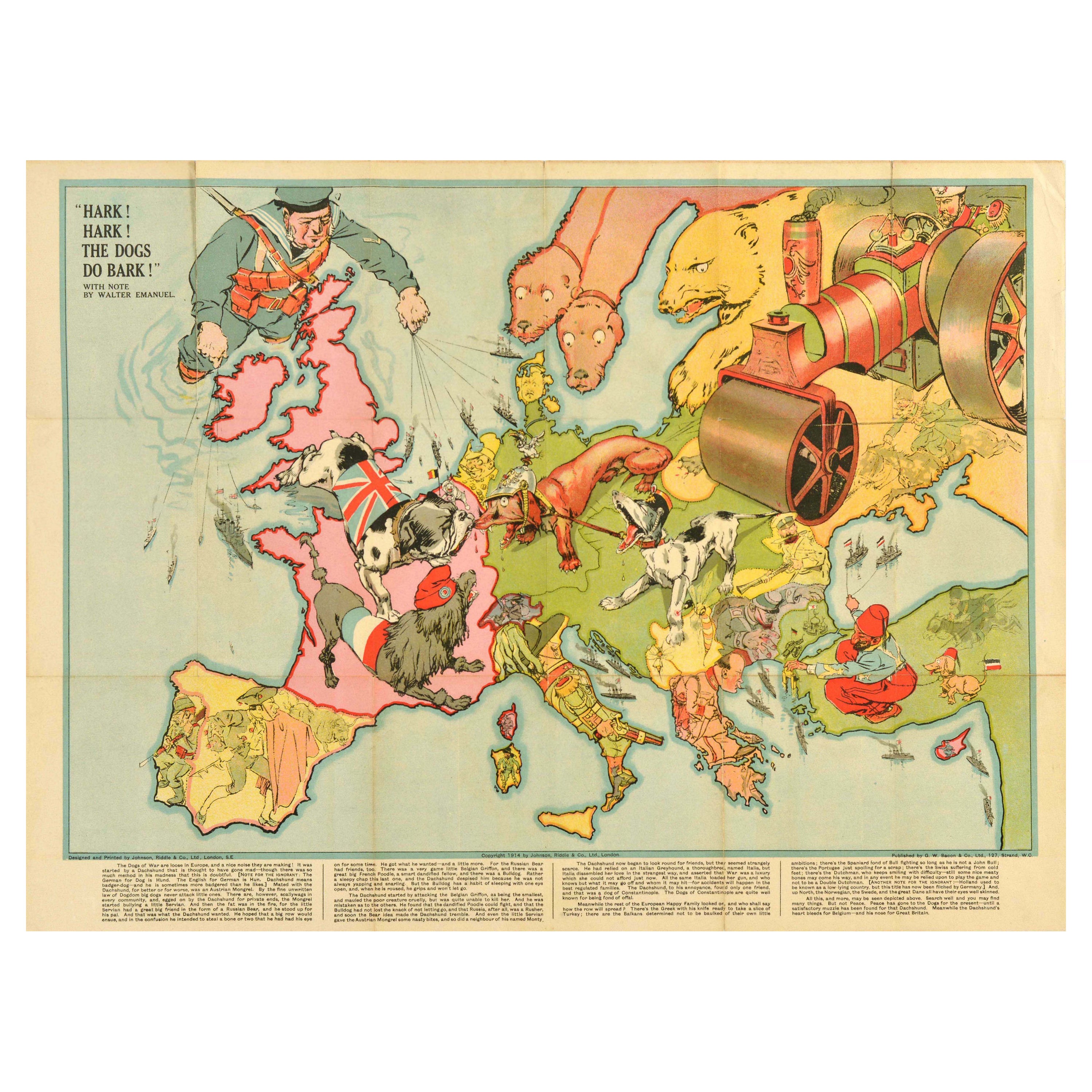 Affiche originale et ancienne de la première guerre mondiale, Hark The Dogs Do Bark, chiens de guerre en vente