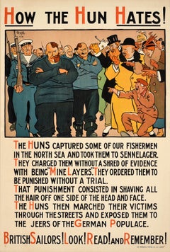 Original Antique World War One Poster How The Hun Hates WWI Fishermen