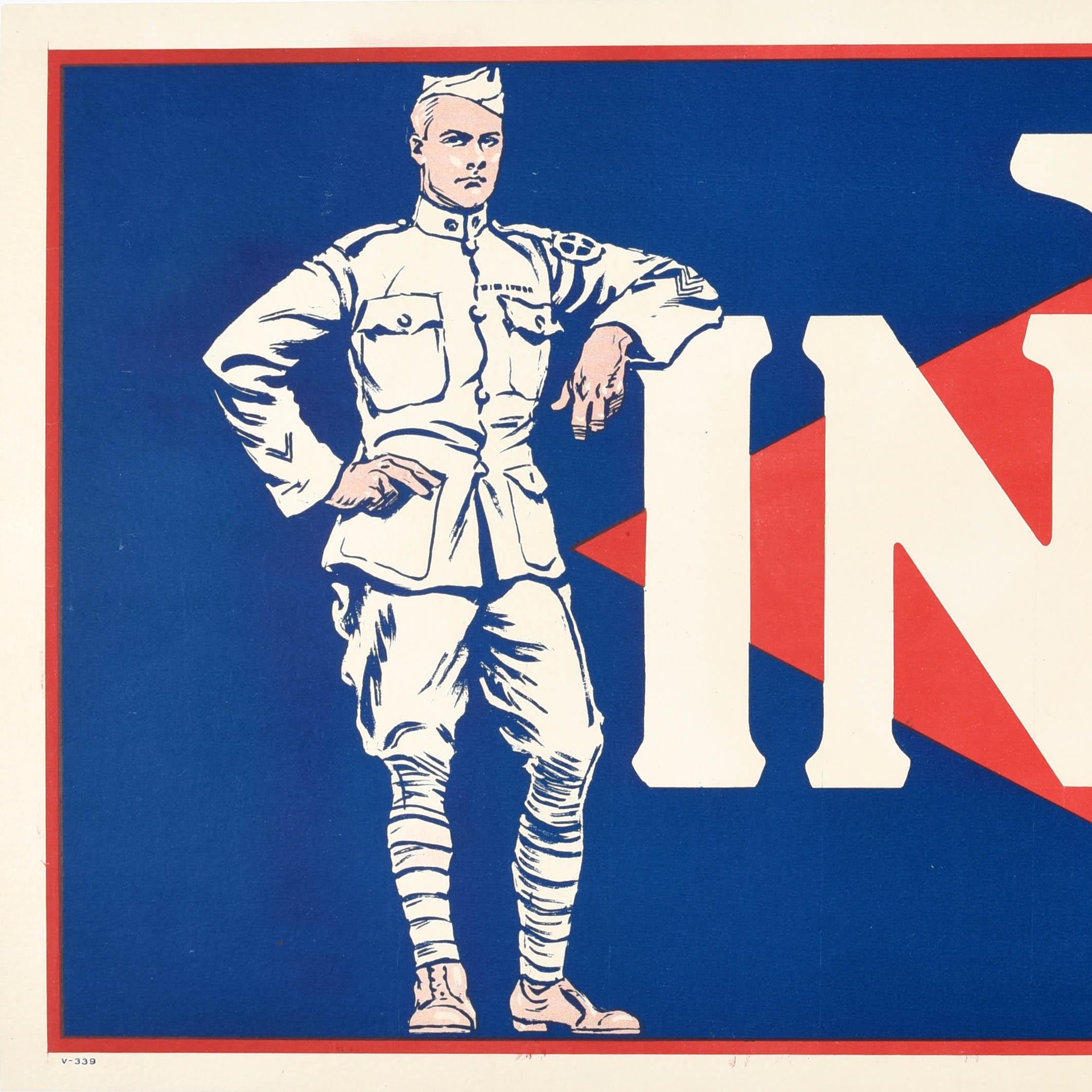 Original antique World War One poster - Invest - featuring a great design depicting a soldier and a sailor in military uniform leaning on the I and T of the title text in bold white lettering with a V for Victory on a red and blue background.