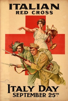 Original Antique World War One Poster Italian Red Cross Italy Day WWI Charity