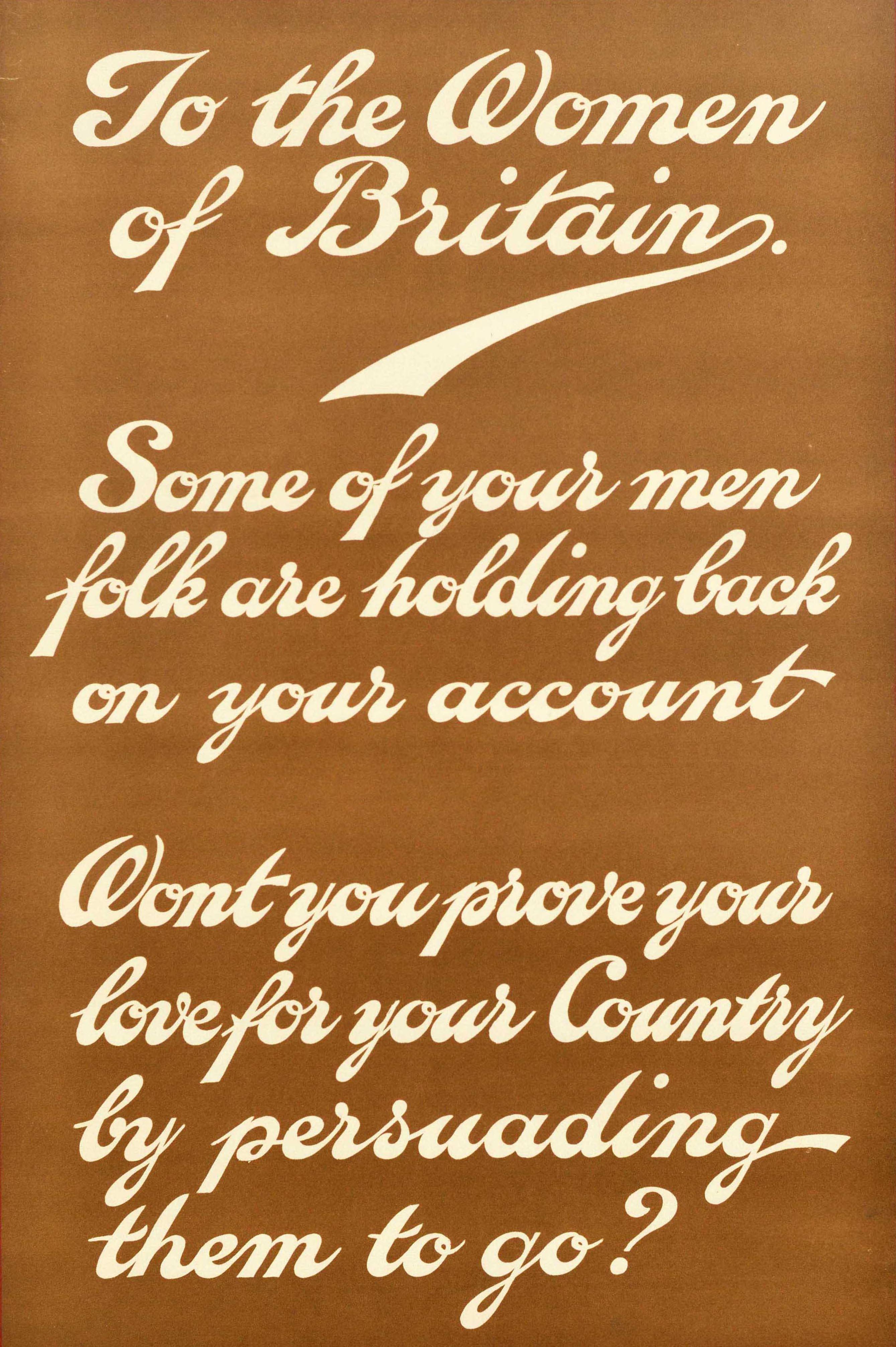 Originales antikes Rekrutierungsplakat für den Ersten Weltkrieg mit fettgedrucktem, stilisiertem Text innerhalb eines roten Rahmens, der lautet: 